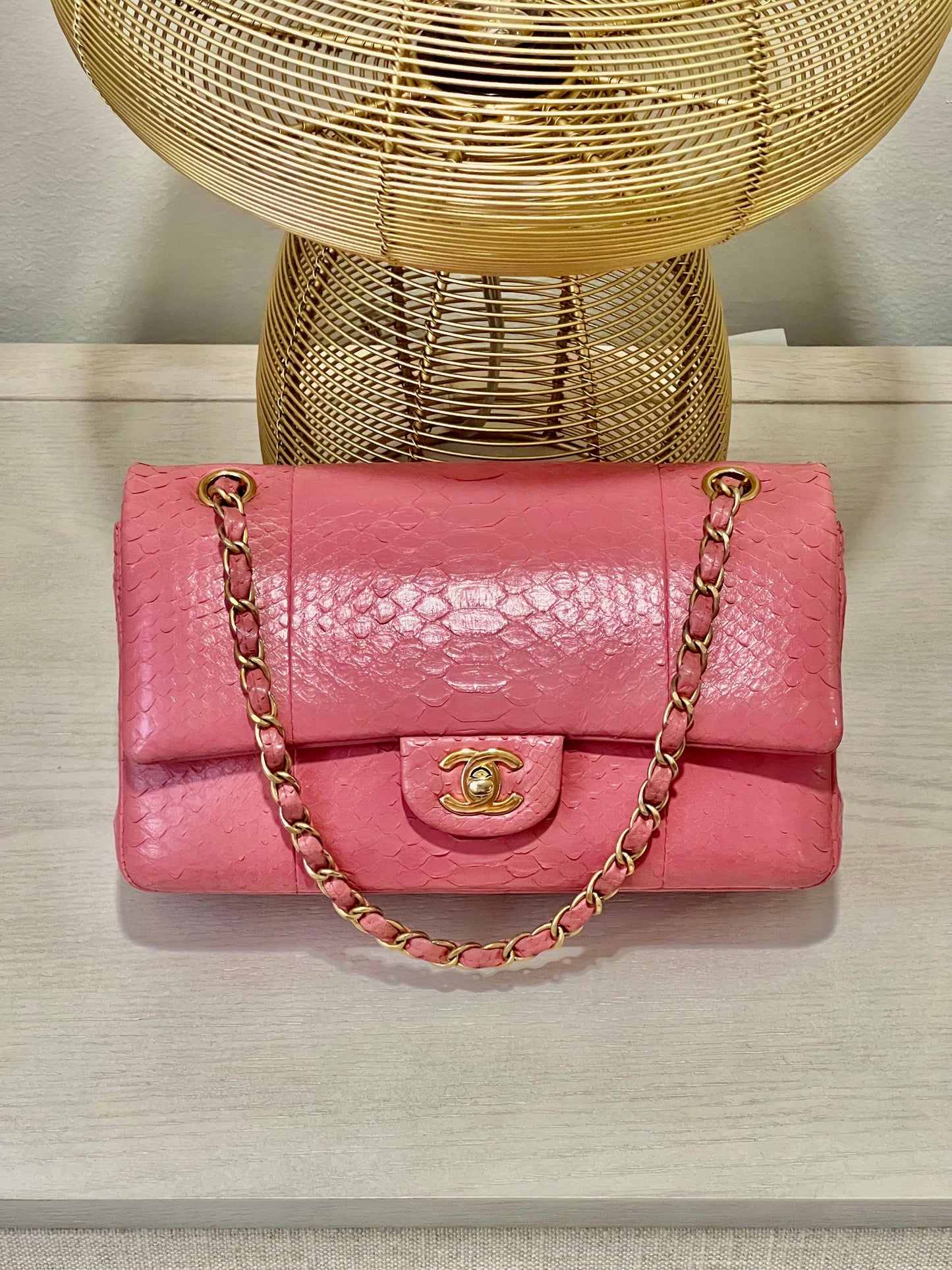CHANEL 2.55 CLASSIC FLAP MEDIUM PINK PYTHON SHOULDER BAG