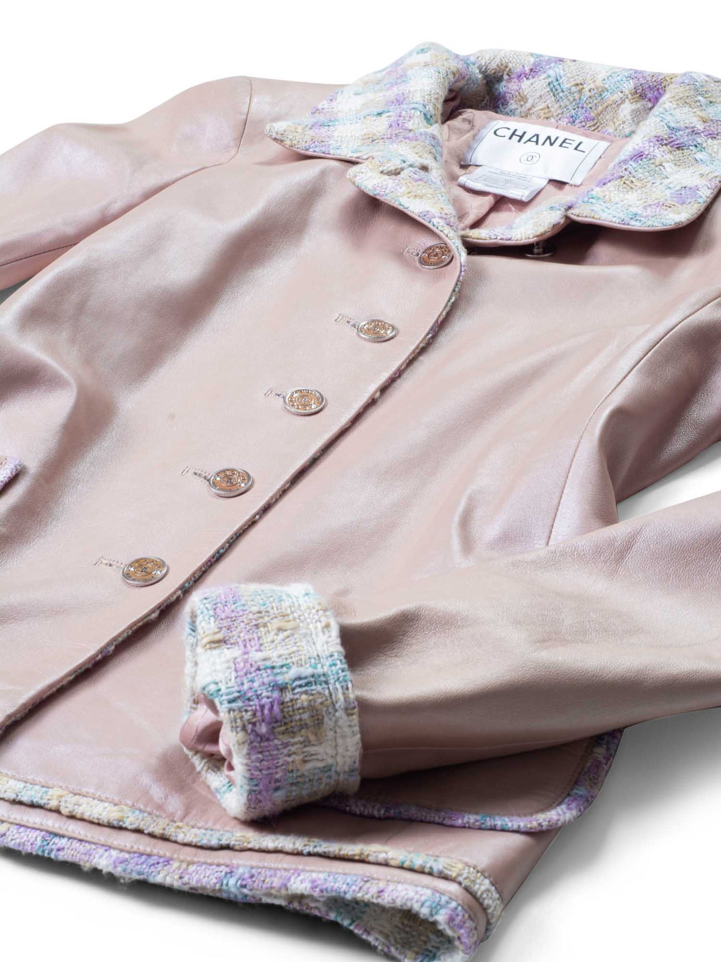 Chanel CC Leather Tweed Fringe Jacket Pink