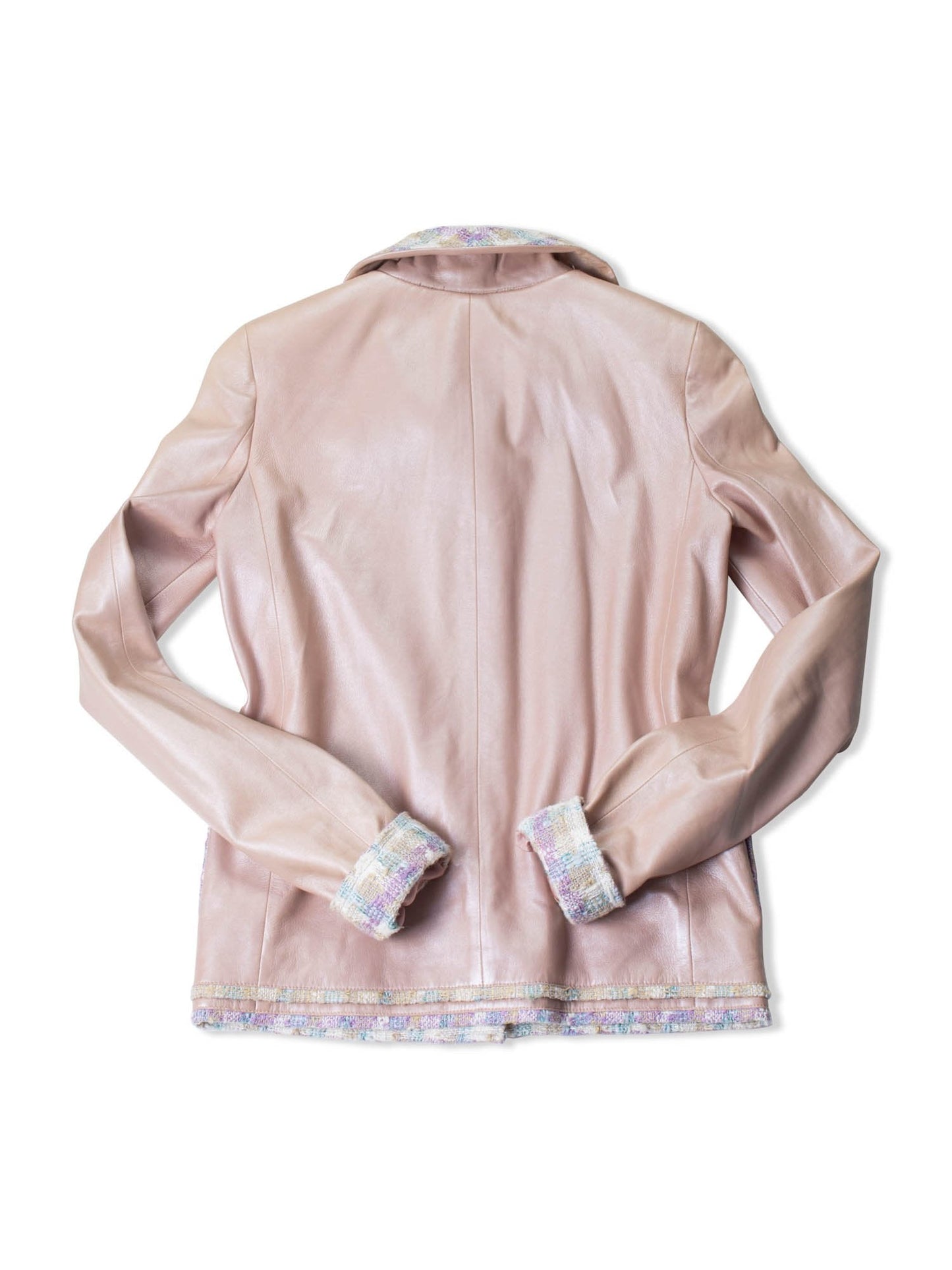 Chanel CC Leather Tweed Fringe Jacket Pink