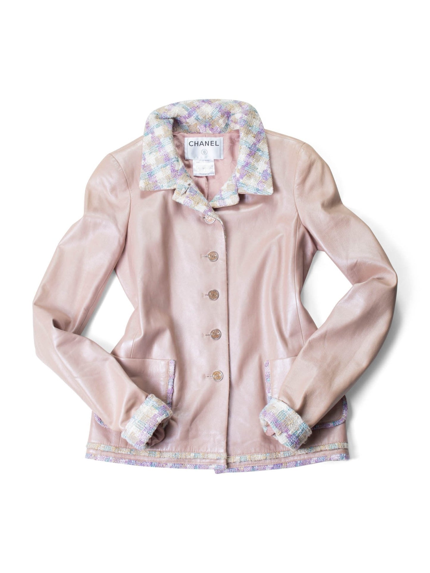 Chanel CC Leather Tweed Fringe Jacket Pink