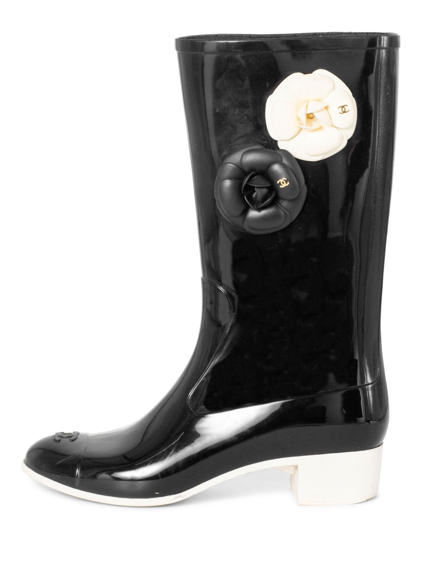 Chanel CC Logo Camellia Flower Rain Boots Black