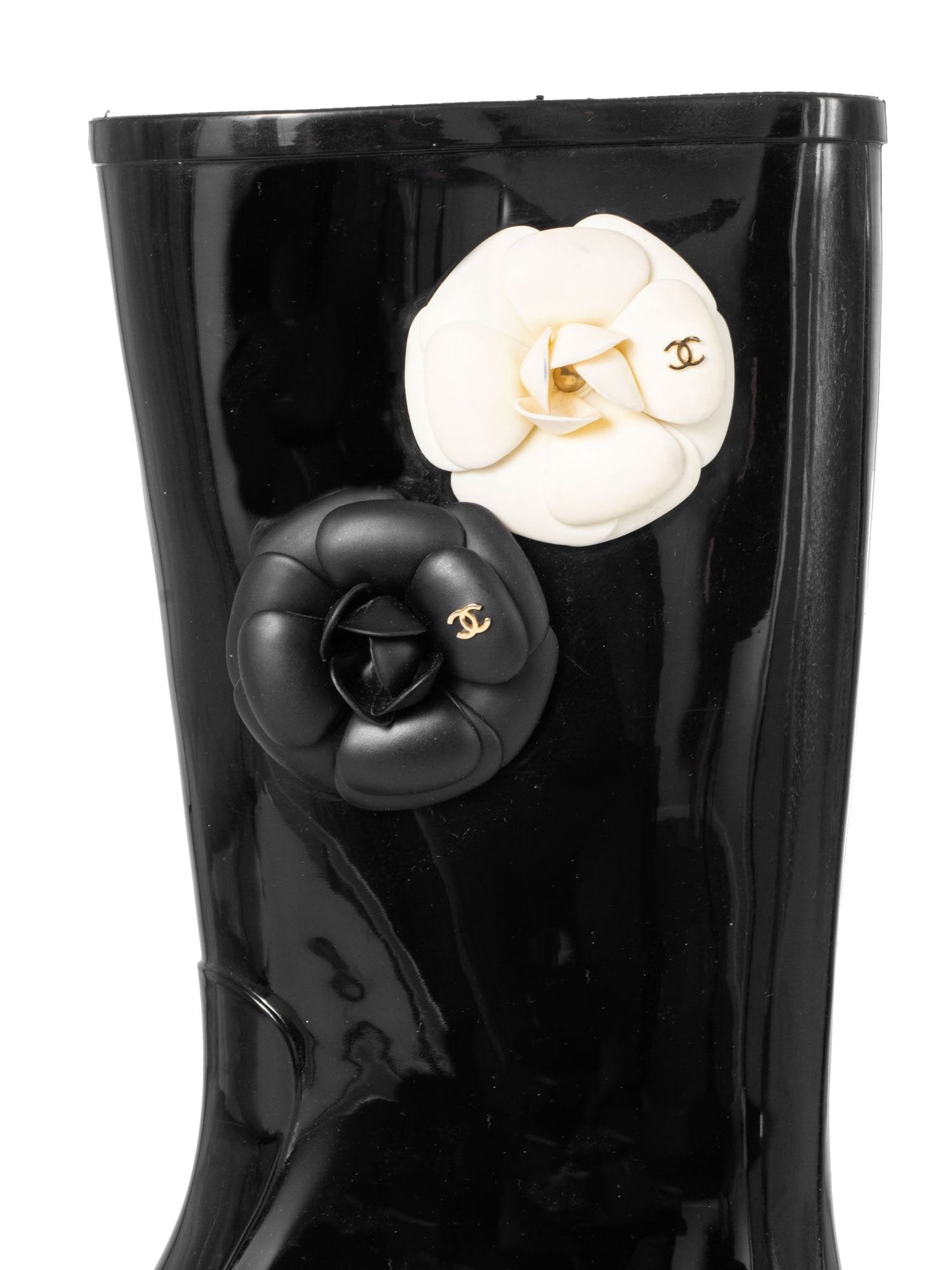 Chanel CC Logo Camellia Flower Rain Boots Black