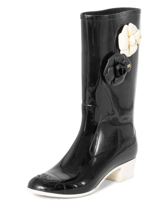 Chanel CC Logo Camellia Flower Rain Boots Black
