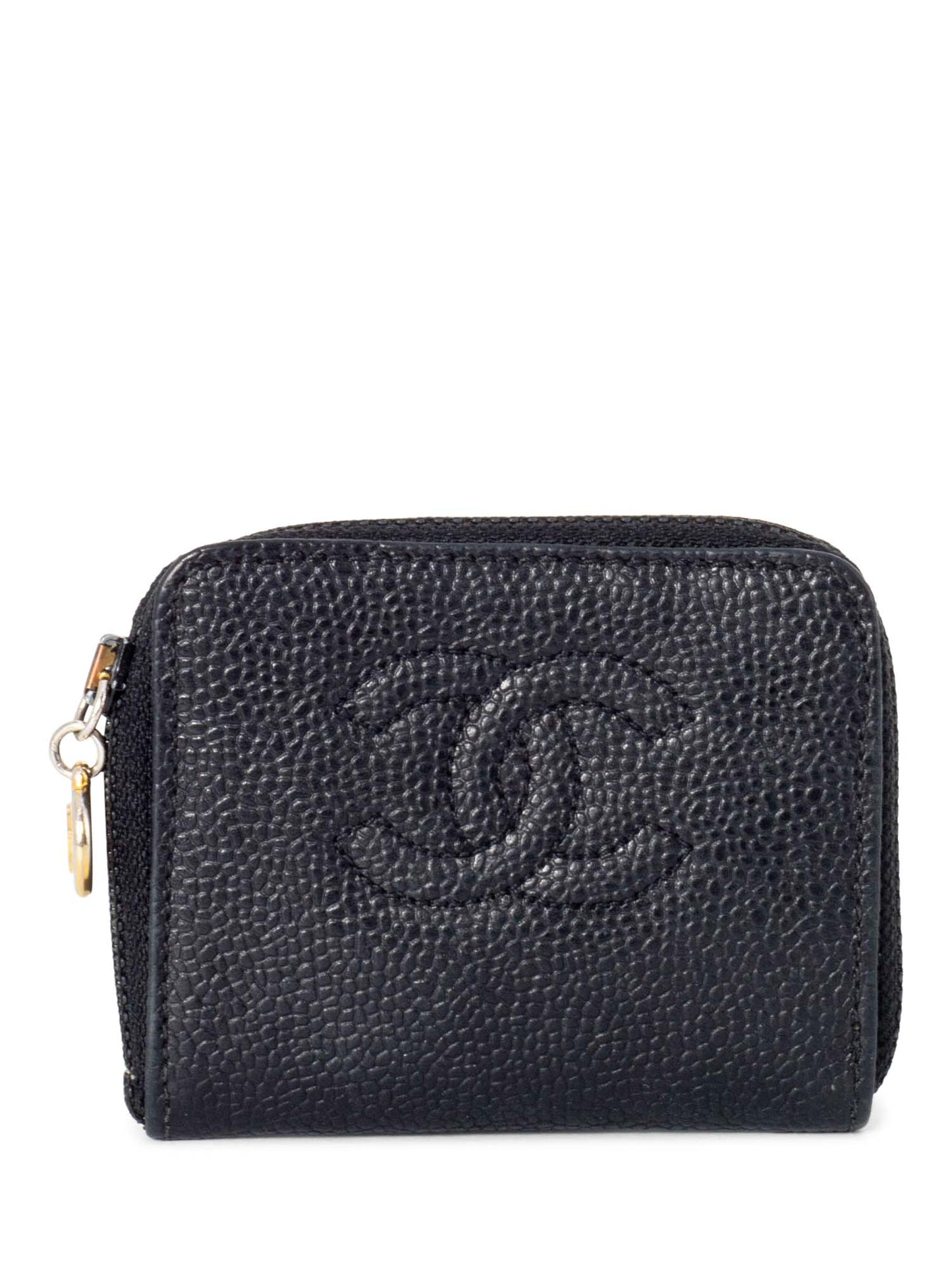 Chanel CC Logo Caviar Zippered Card Wallet Black