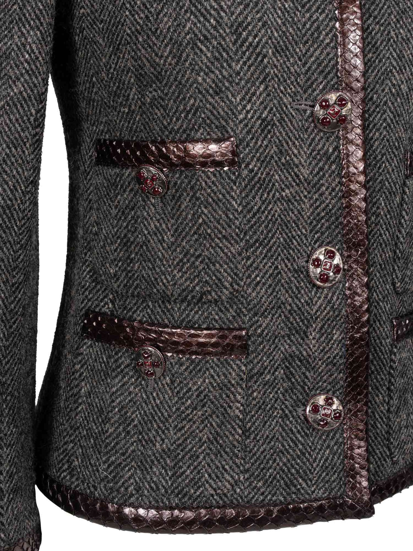 Chanel CC Logo Gripoix Tweed Fringe Fitted Jacket Green