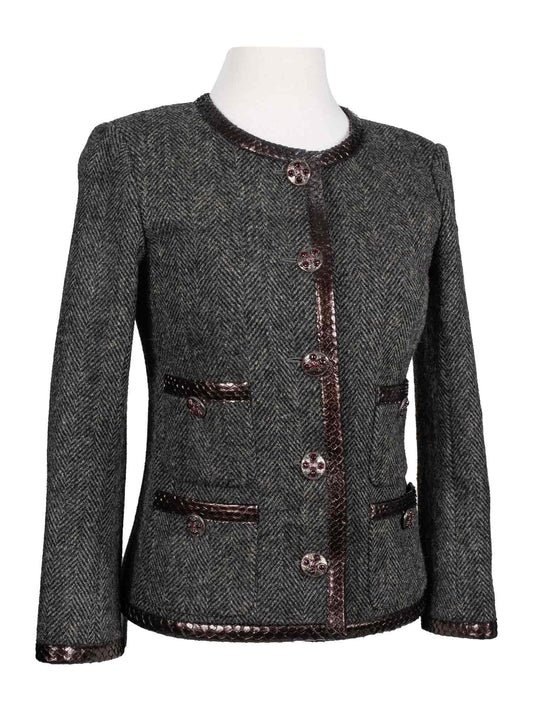 Chanel CC Logo Gripoix Tweed Fringe Fitted Jacket Green