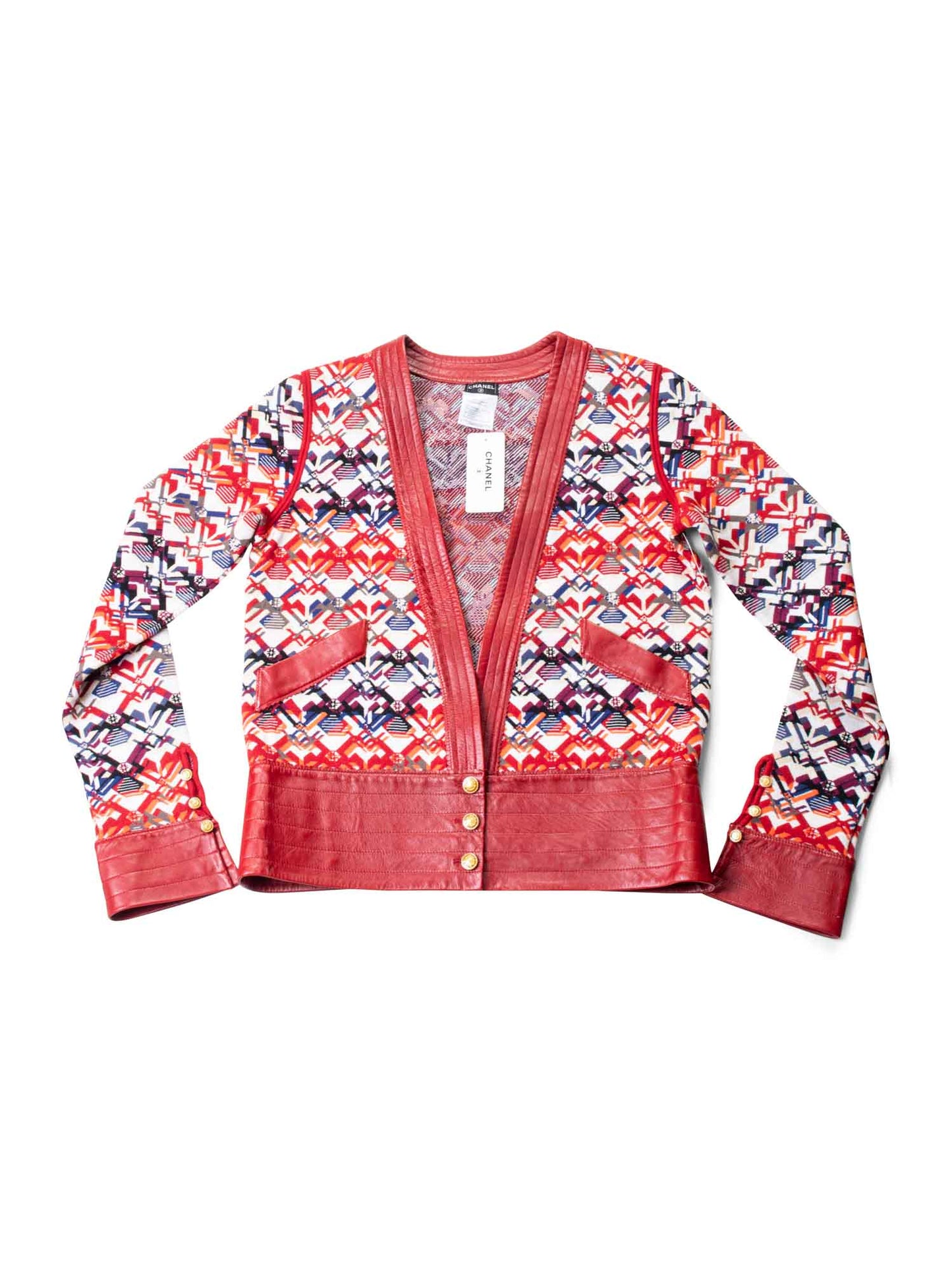 Chanel CC Logo Knit Leather Jacket Red