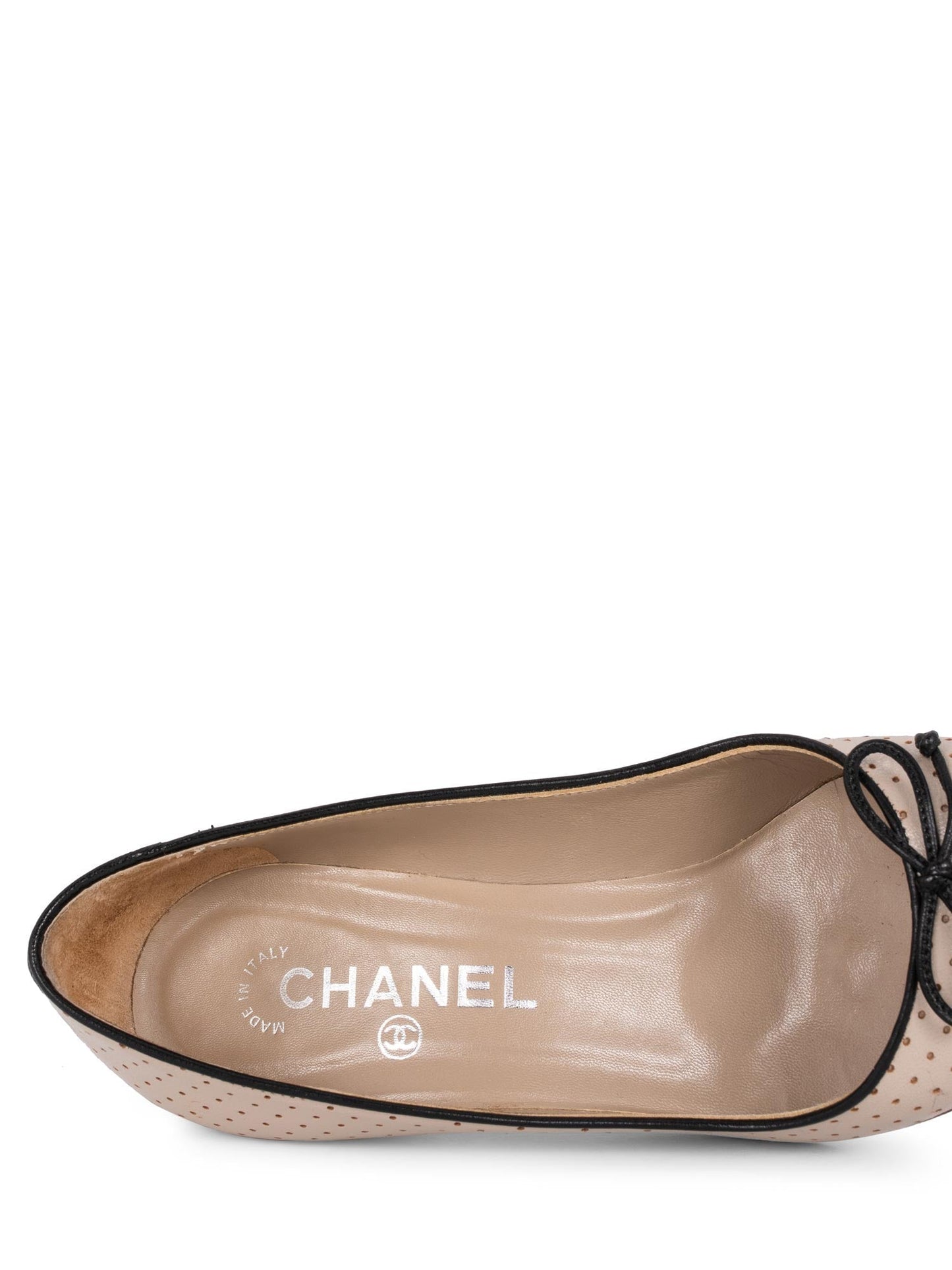 Chanel CC Logo Leather Cap Toe Ballet Pumps Black Nude
