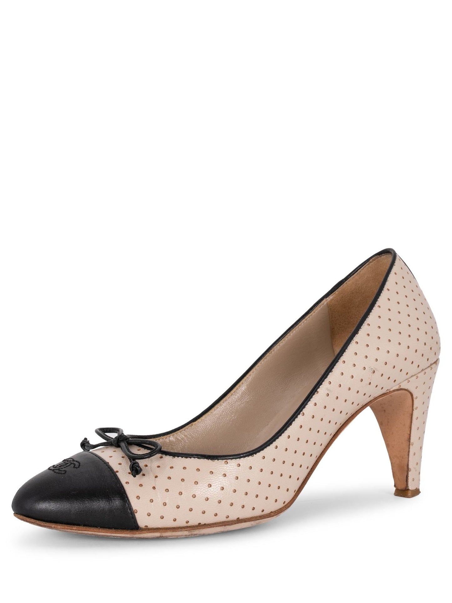 Chanel CC Logo Leather Cap Toe Ballet Pumps Black Nude