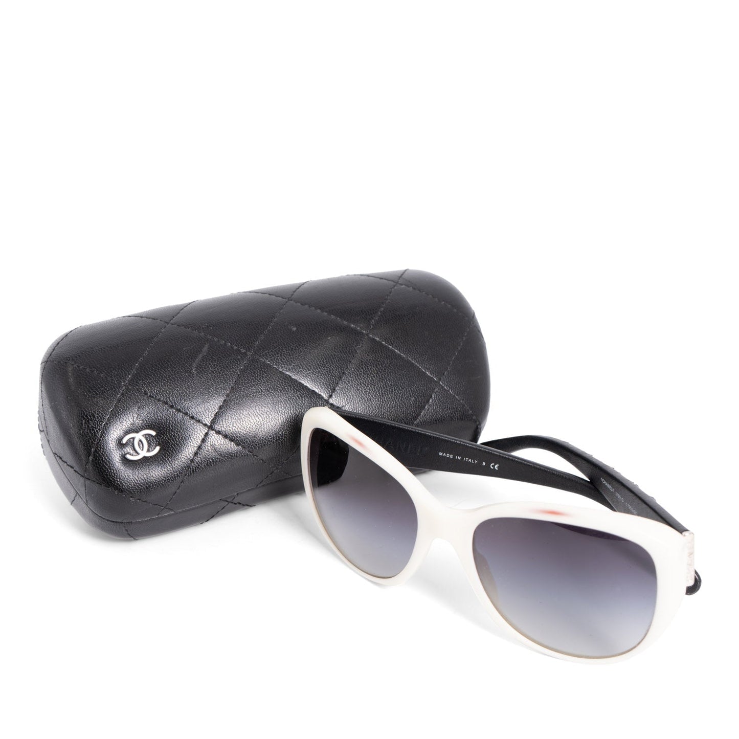 Chanel CC Logo Leather Sunglasses Black White