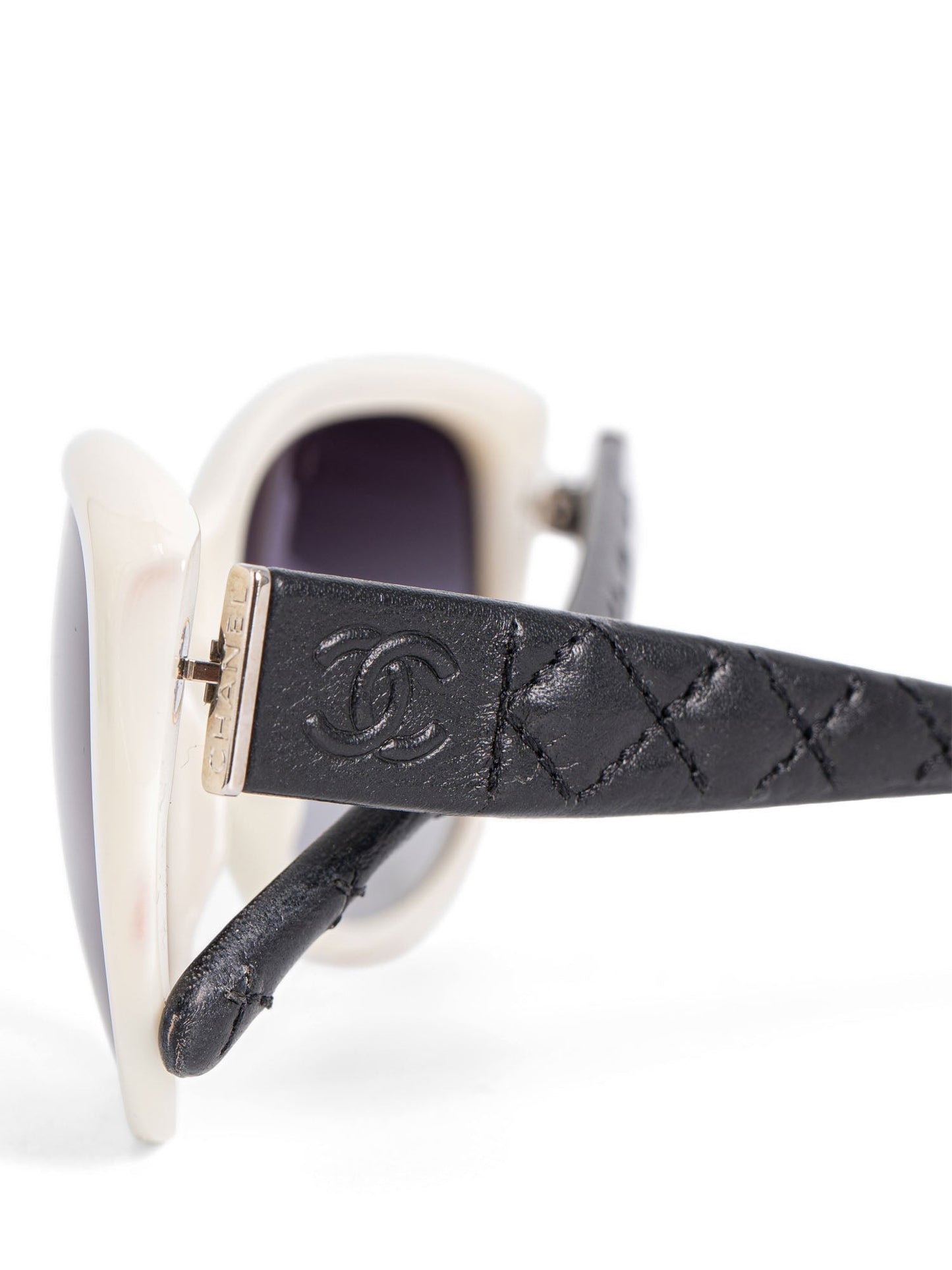 Chanel CC Logo Leather Sunglasses Black White