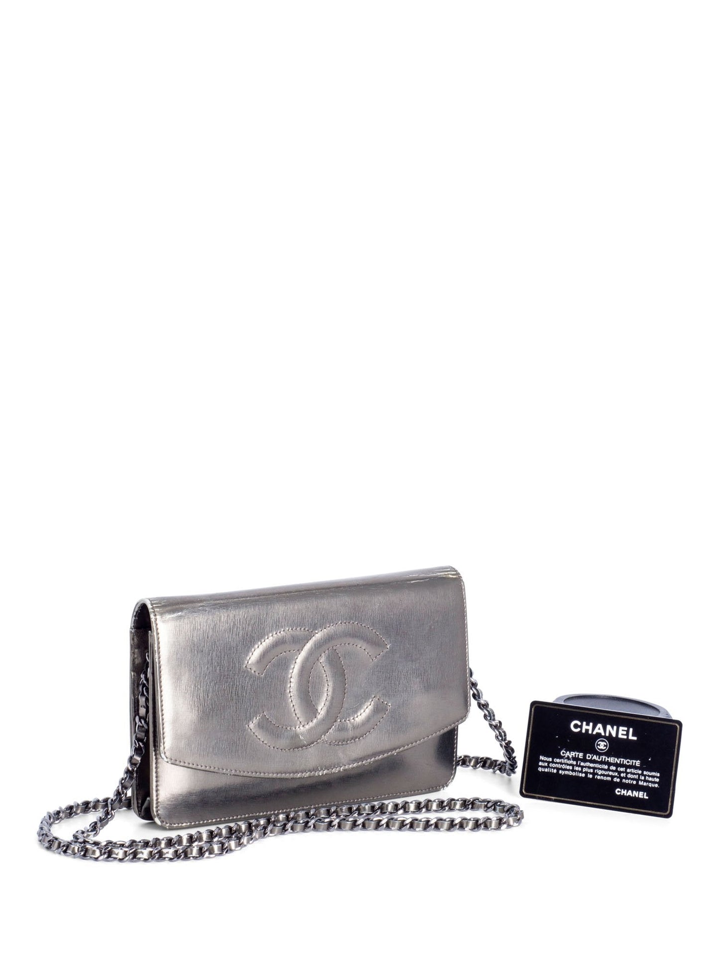 Chanel CC Logo Leather Timeless Wallet On Chain Metallic Green