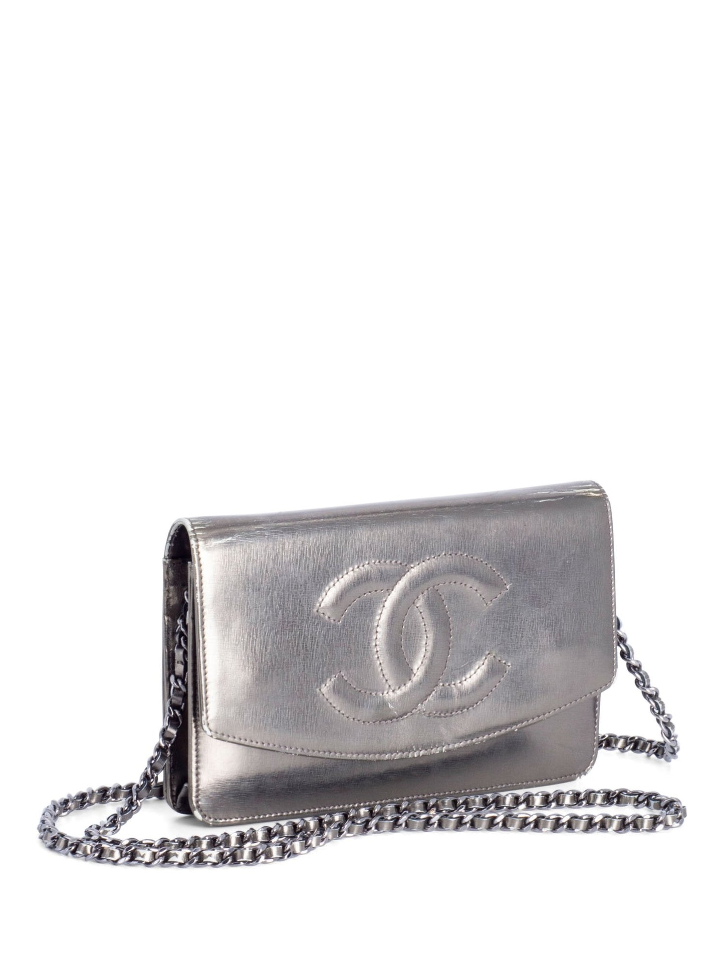 Chanel CC Logo Leather Timeless Wallet On Chain Metallic Green