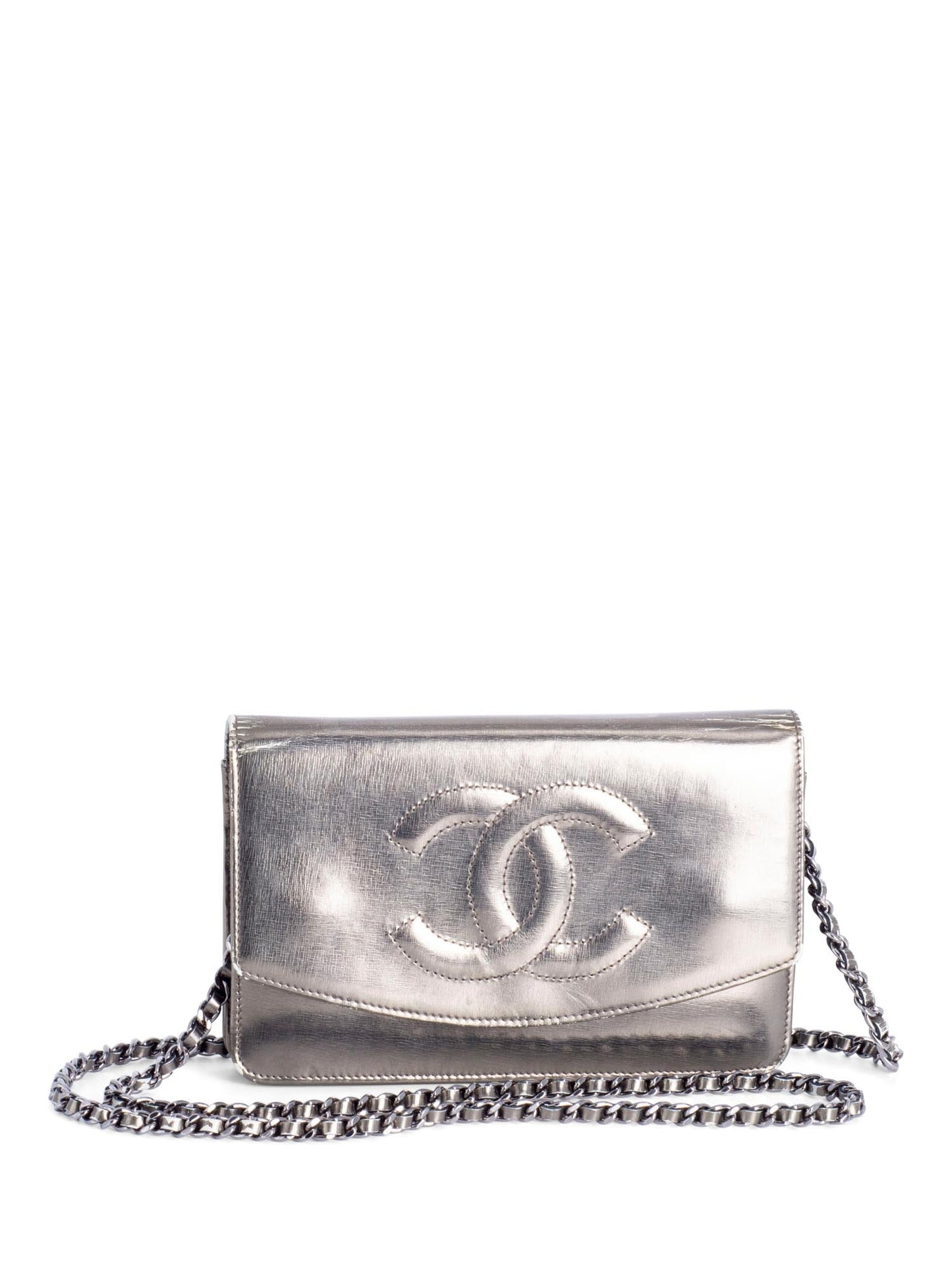 Chanel CC Logo Leather Timeless Wallet On Chain Metallic Green