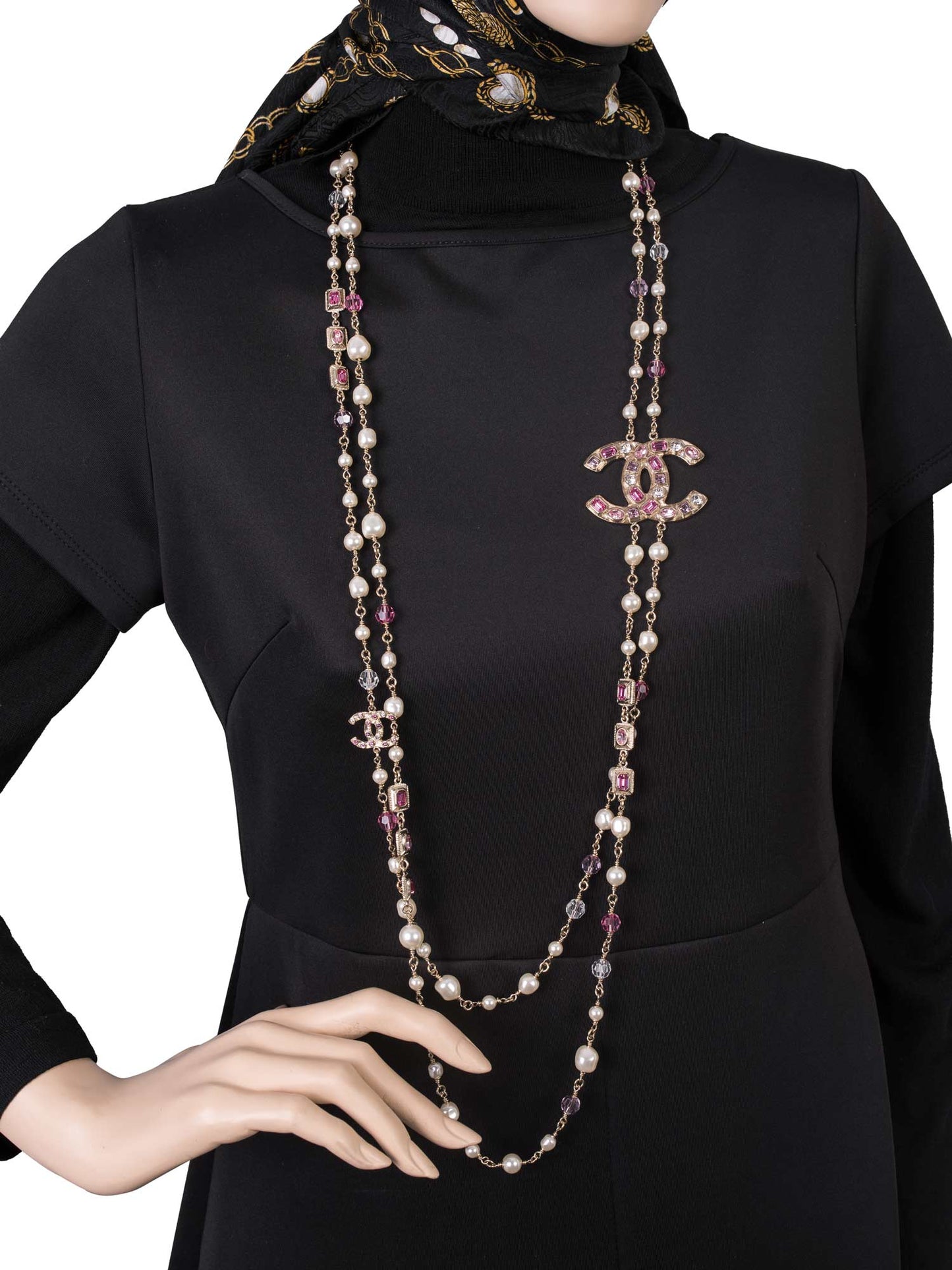 Chanel CC Logo Pearl Crystals Long Necklace Gold