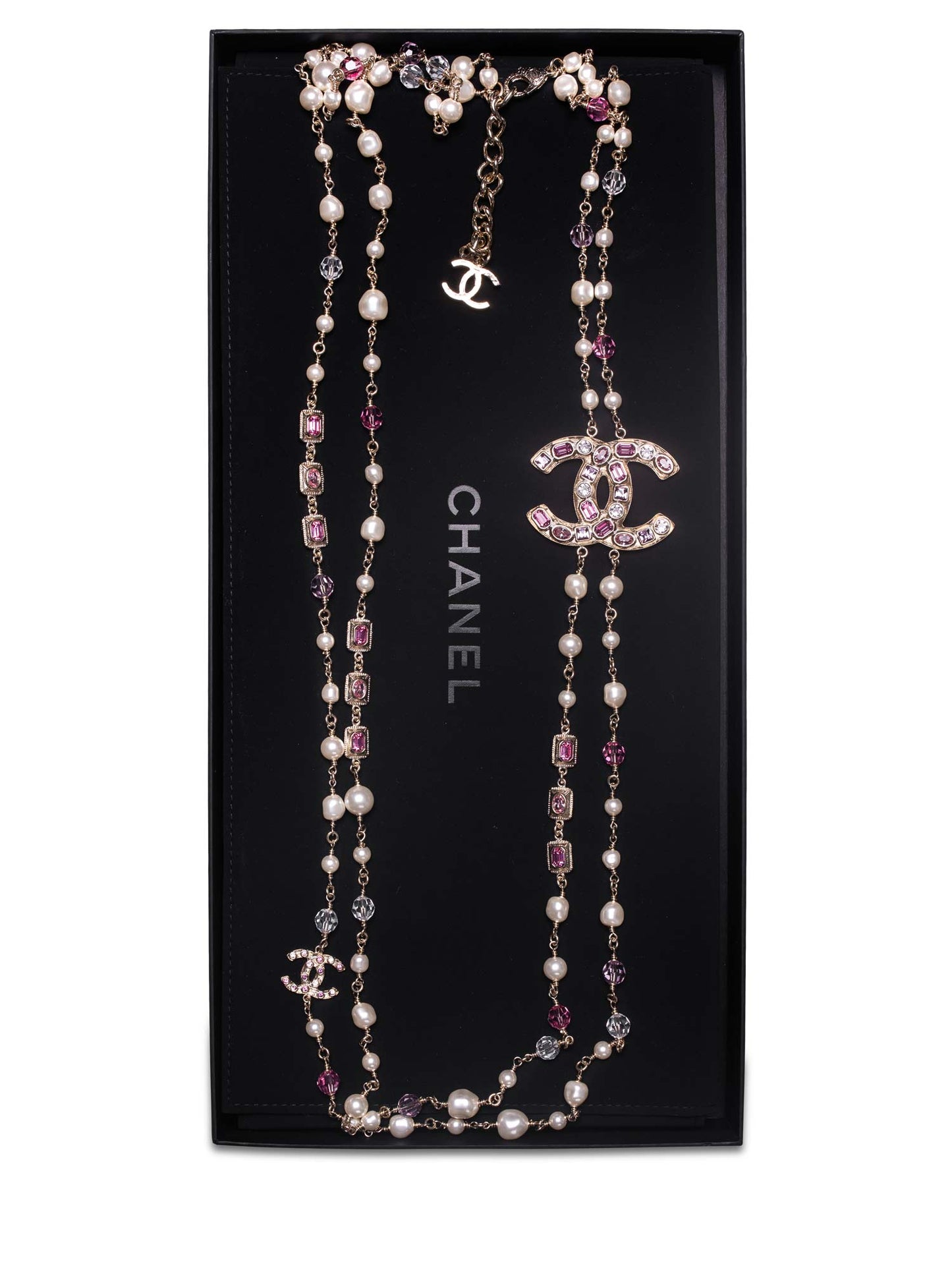 Chanel CC Logo Pearl Crystals Long Necklace Gold