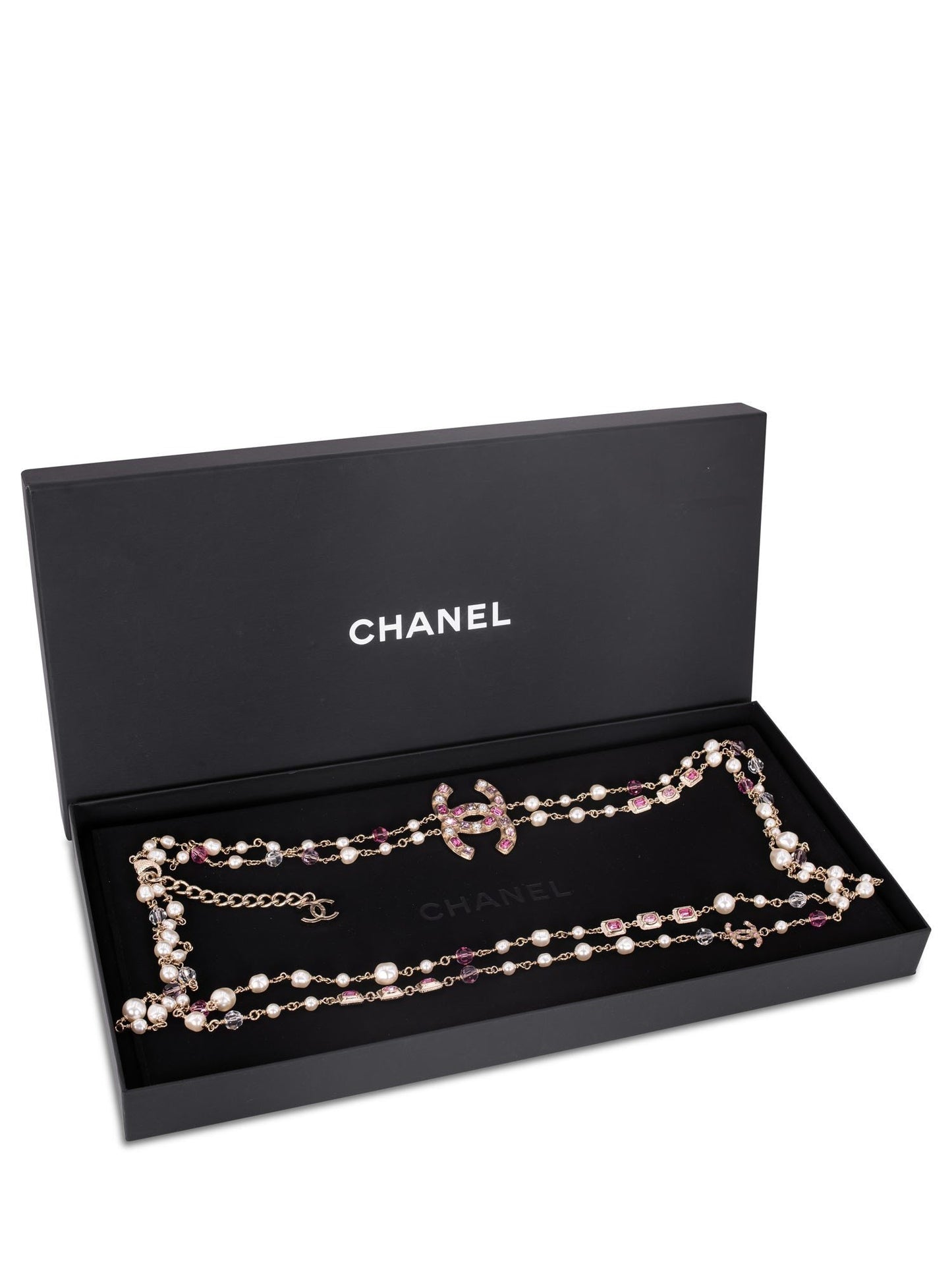 Chanel CC Logo Pearl Crystals Long Necklace Gold