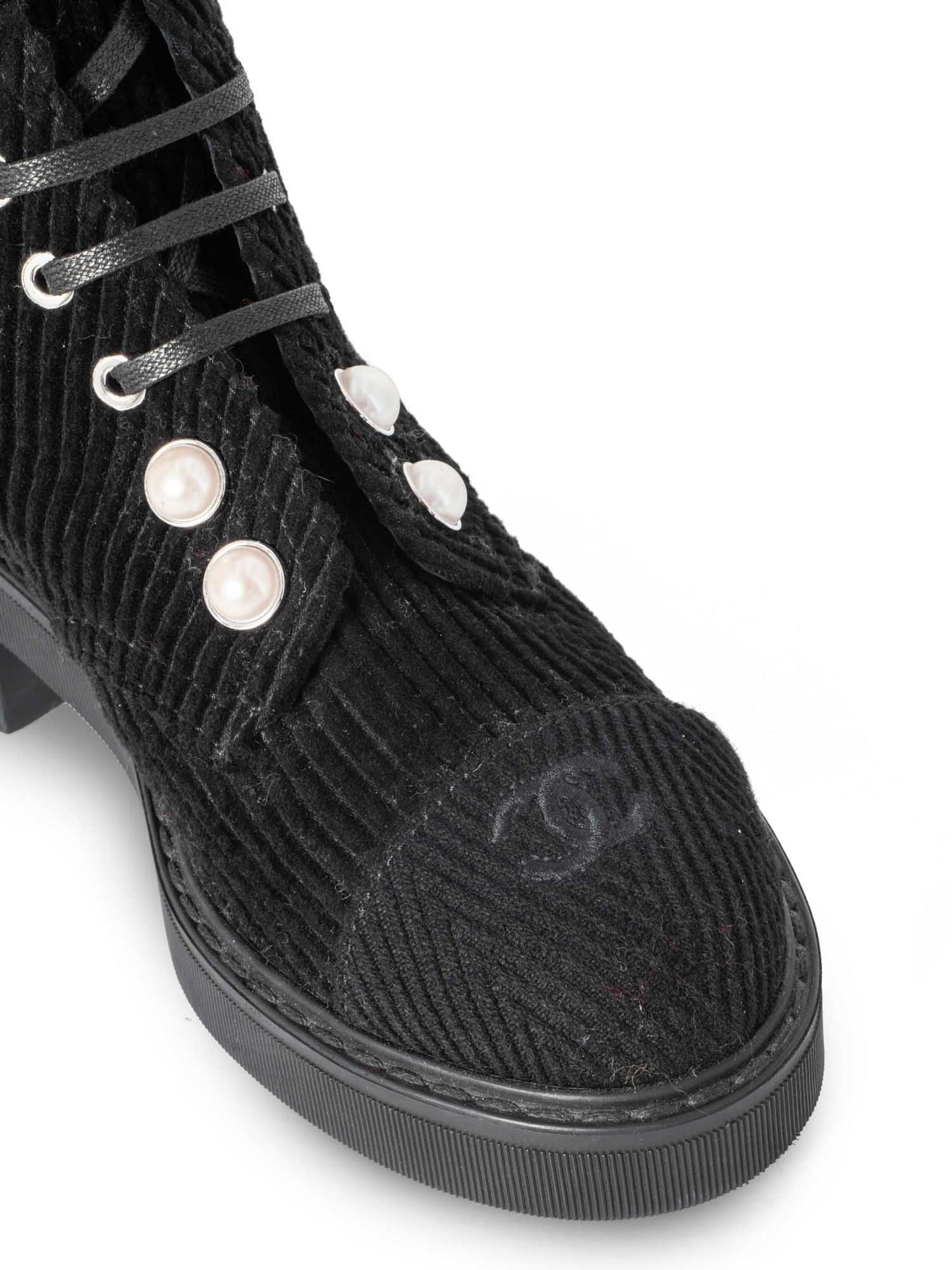 Chanel CC Logo Pearl Lace Up Corduroy Boots Black