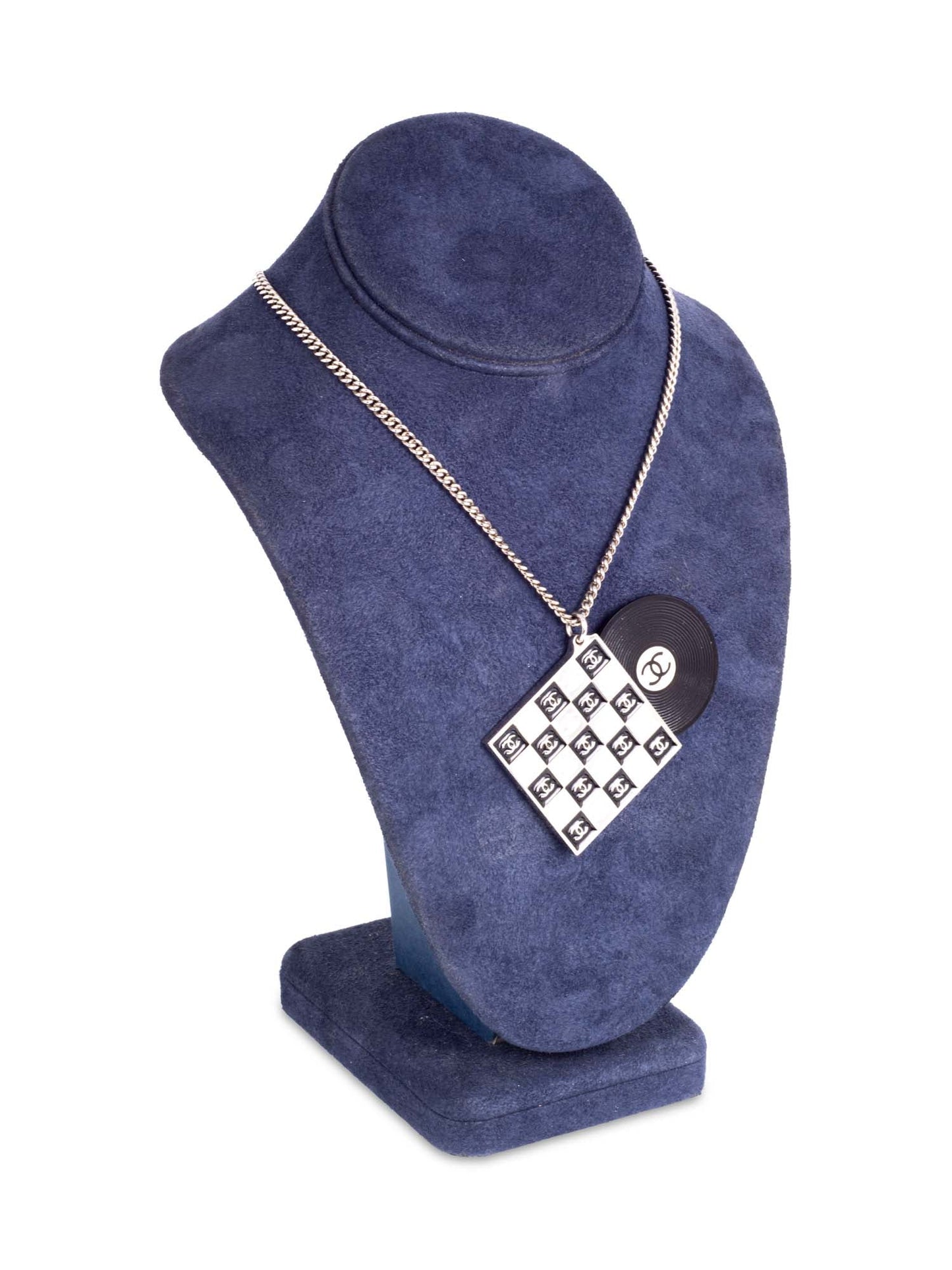 Chanel CC Logo Record Player Silver Necklace Black
