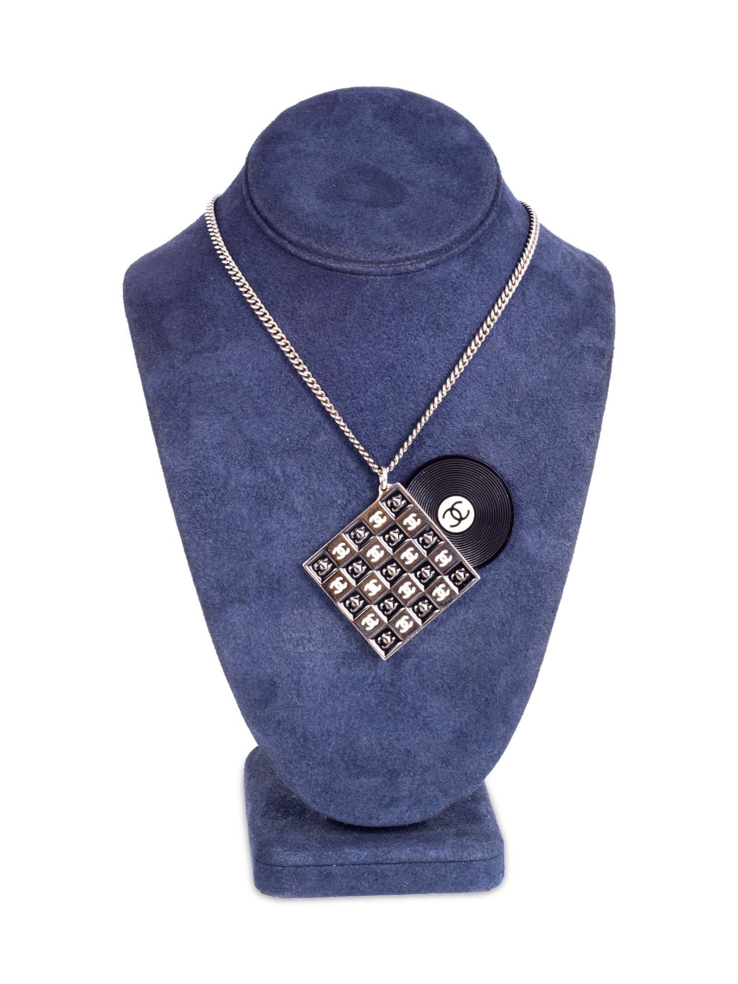 Chanel CC Logo Record Player Silver Necklace Black