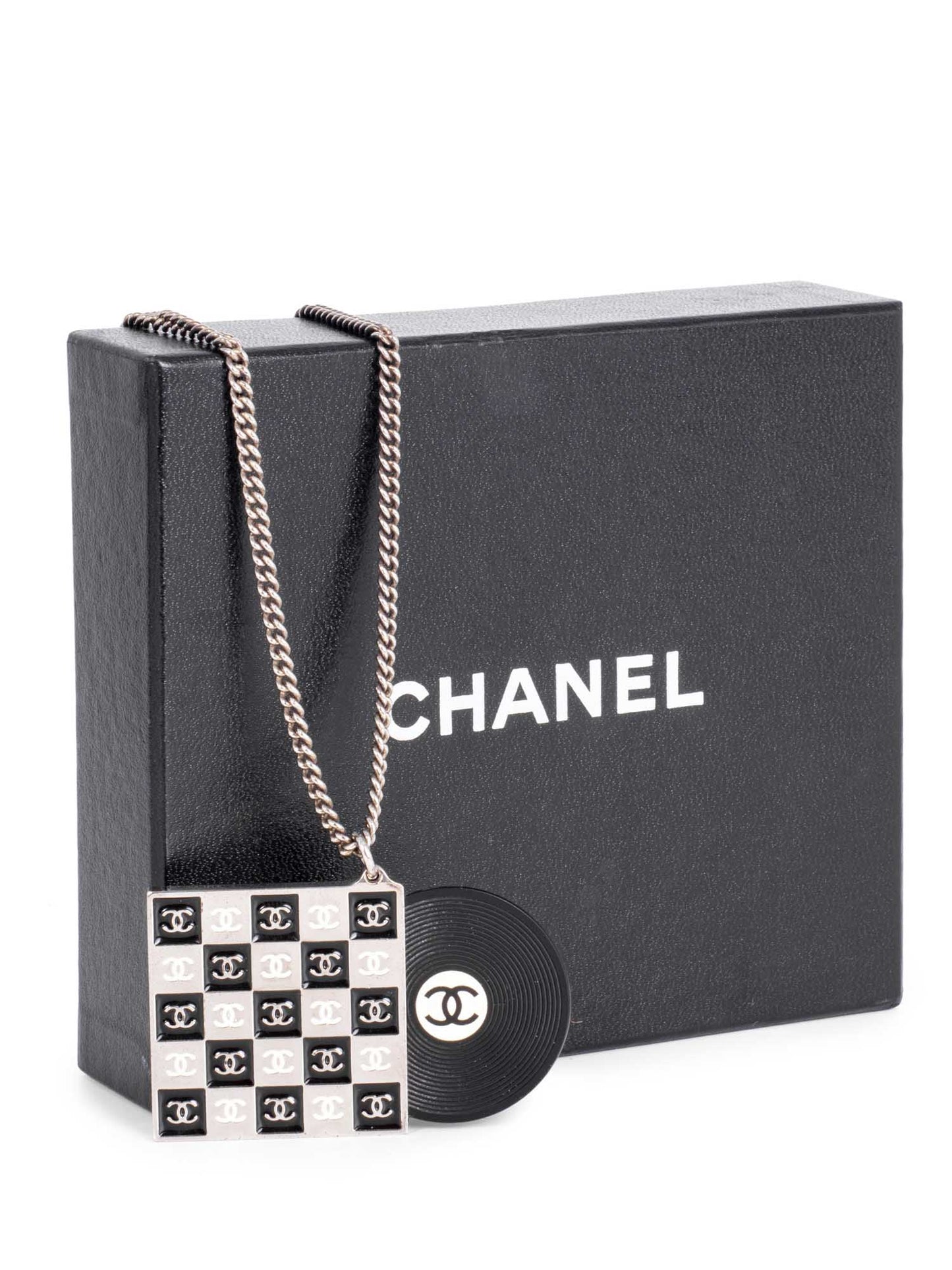 Chanel CC Logo Record Player Silver Necklace Black