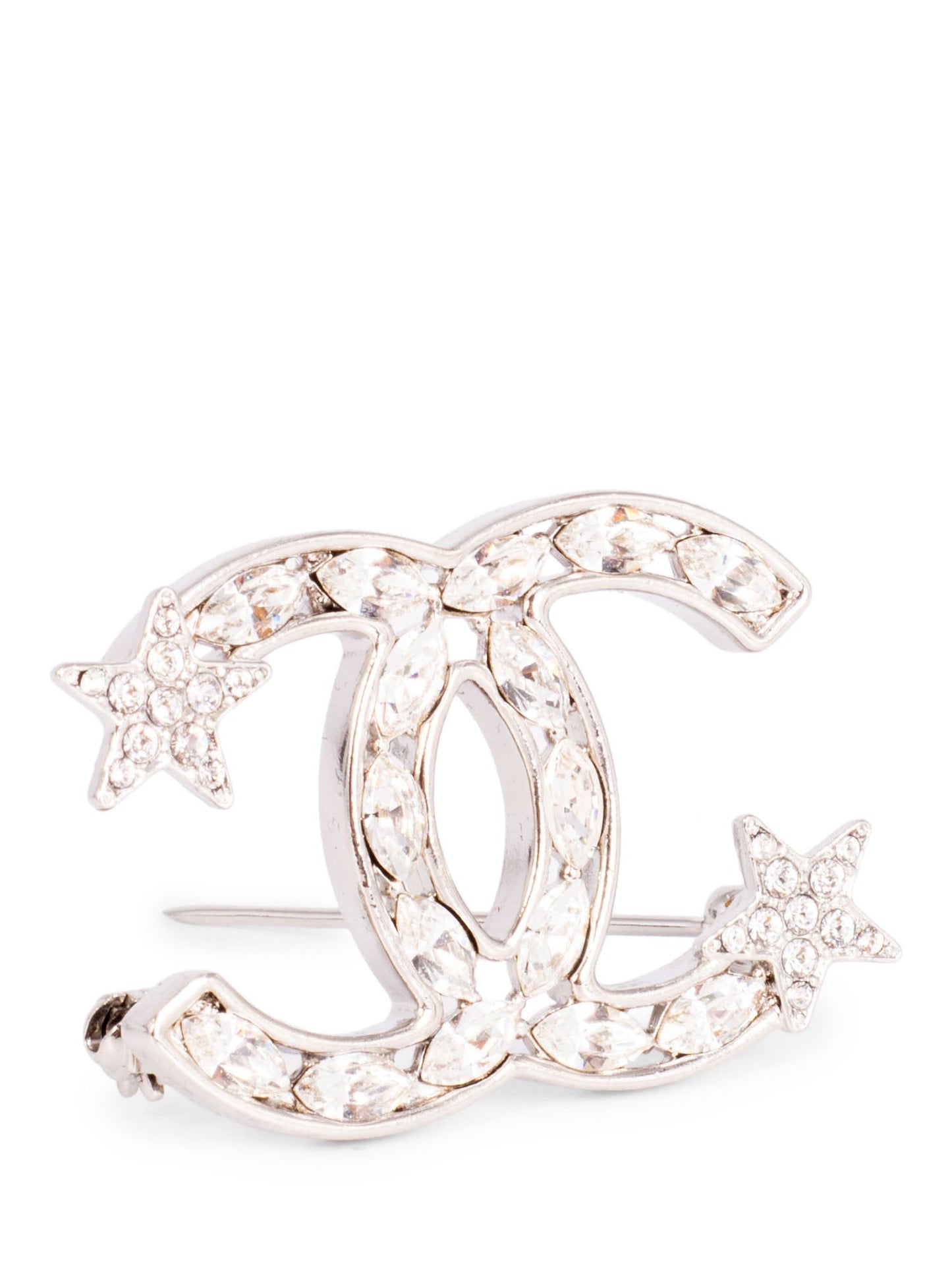 Chanel  CC Logo Swarovski Crystal Star Pin Brooch Silver