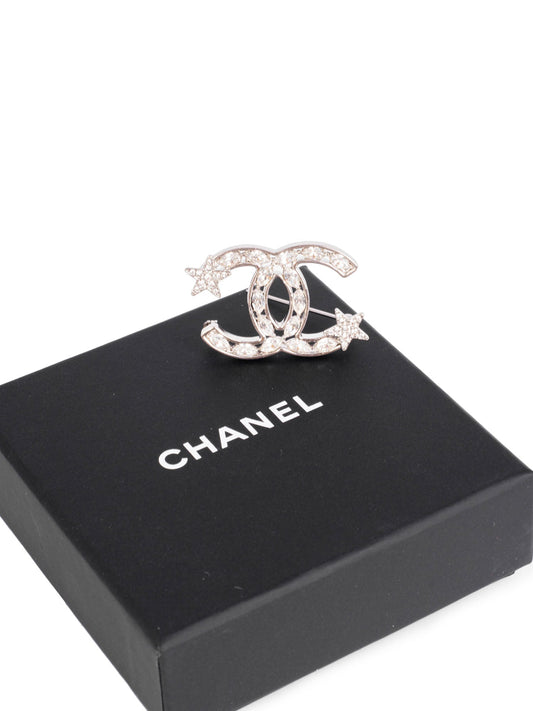 Chanel  CC Logo Swarovski Crystal Star Pin Brooch Silver