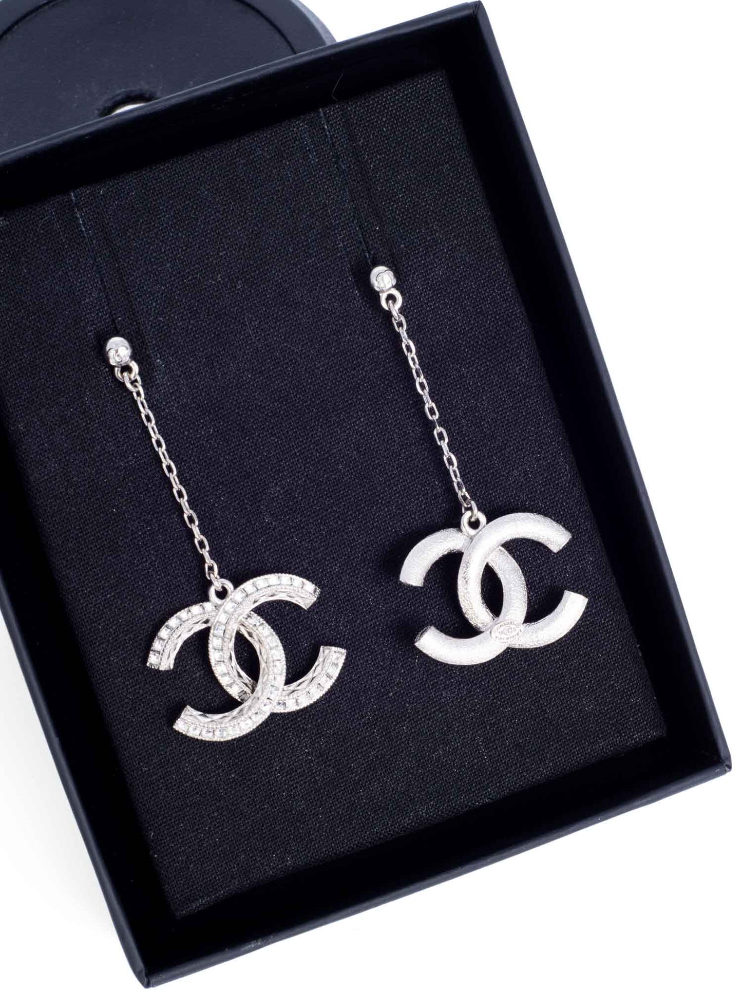Chanel CC Logo Swarovski Crystals Drop Earrings Silver