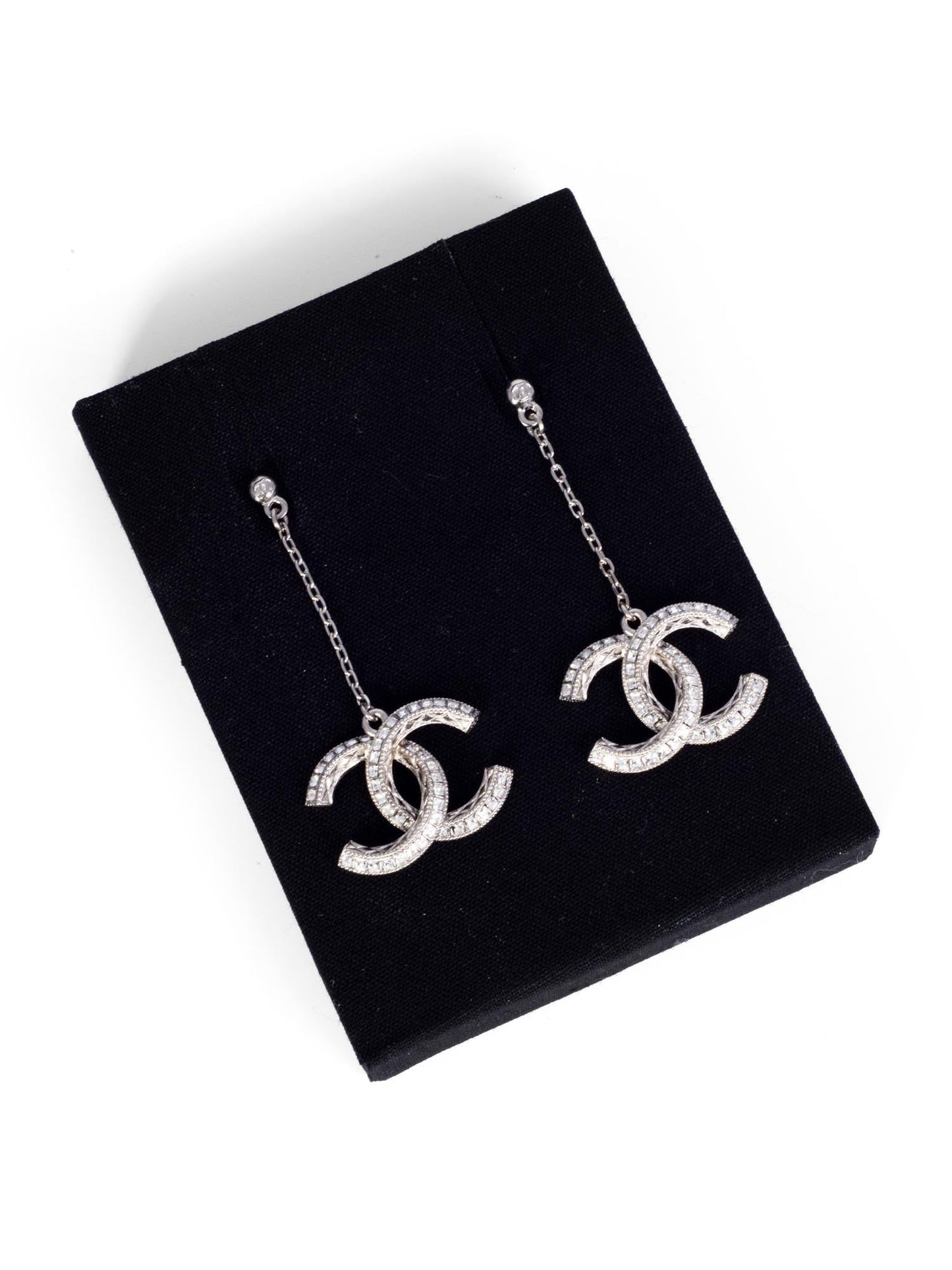 Chanel CC Logo Swarovski Crystals Drop Earrings Silver