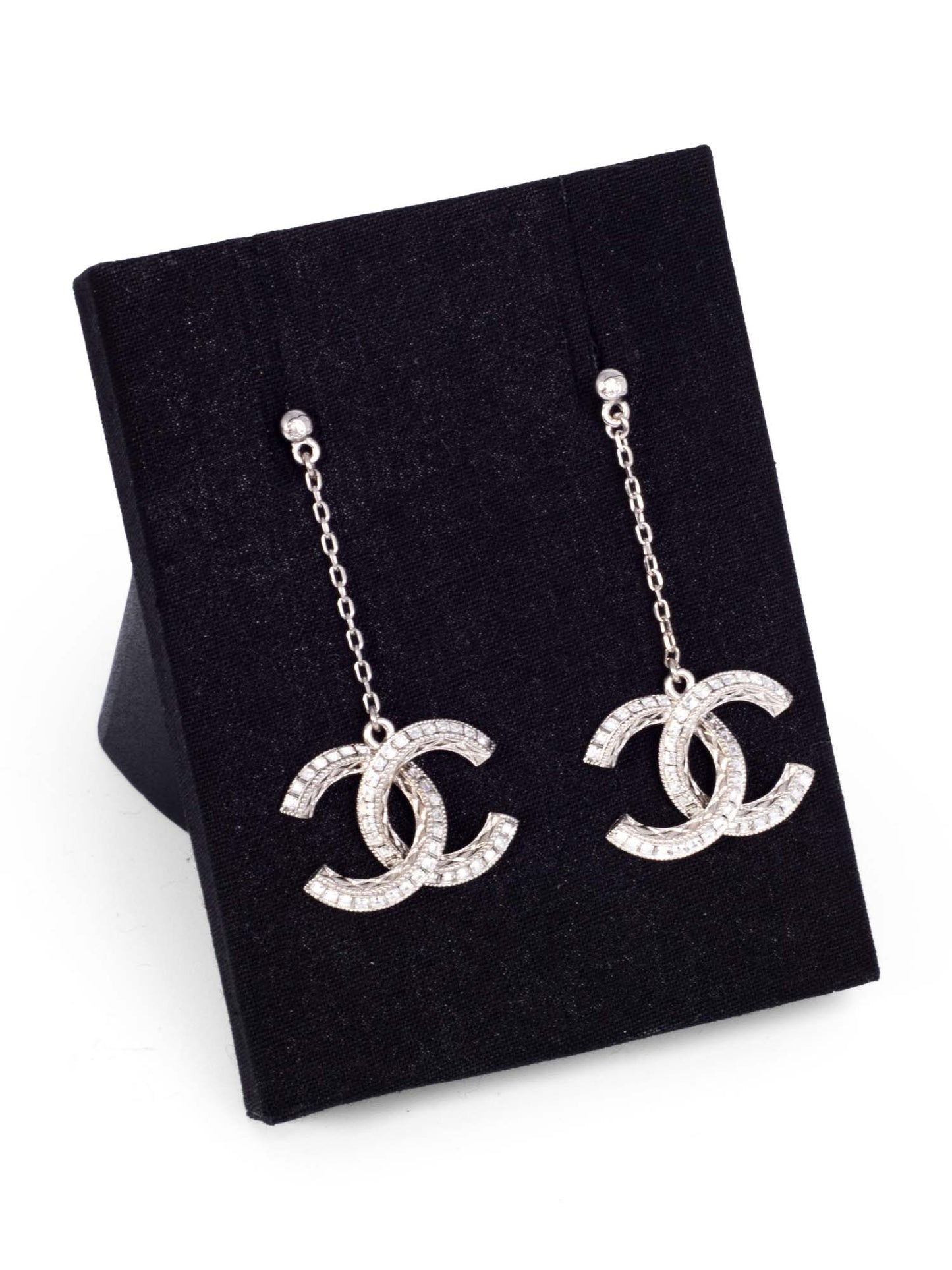 Chanel CC Logo Swarovski Crystals Drop Earrings Silver