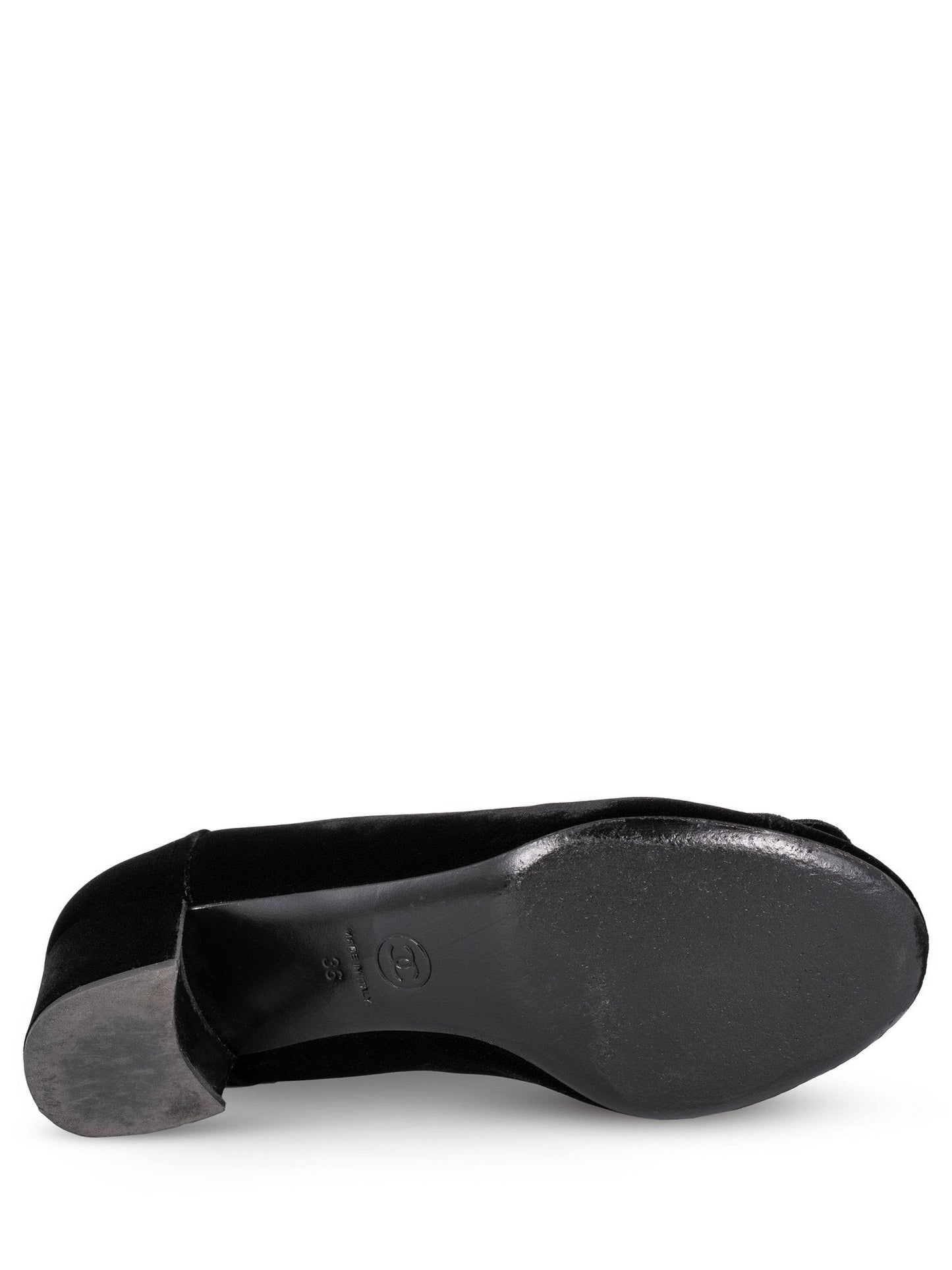 Chanel CC Logo Velvet Camellia Round Toe Shoes Black