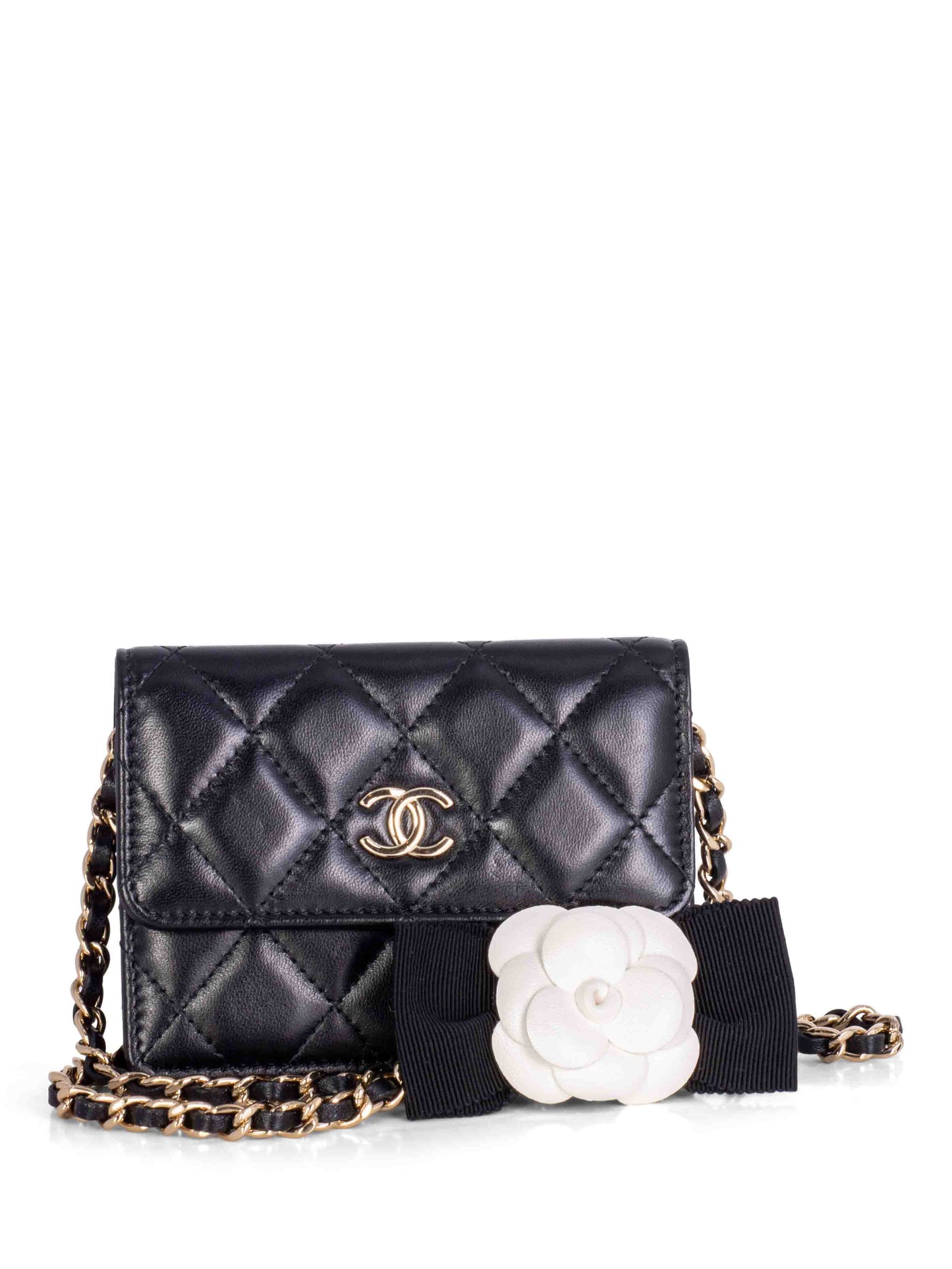 Chanel CC Quilted Leather Mini Camellia Flap Messenger Bag Black
