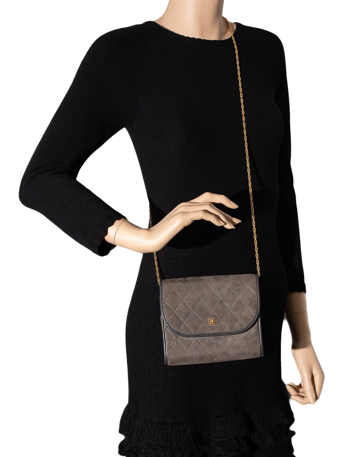 Chanel CC Suede Quilted Wallet On Chain Taupe