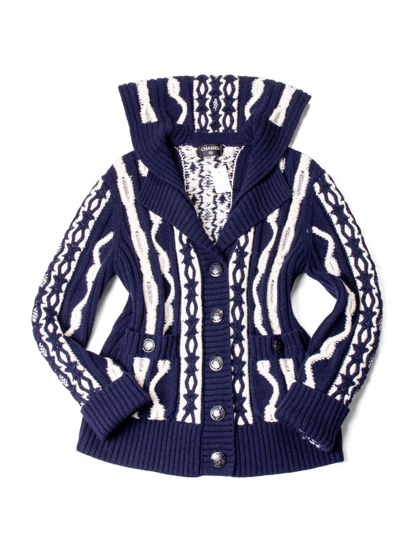 CHANEL Cable Knit Cashmere Sparkly Nautical Cardigan Blue White-designer resale