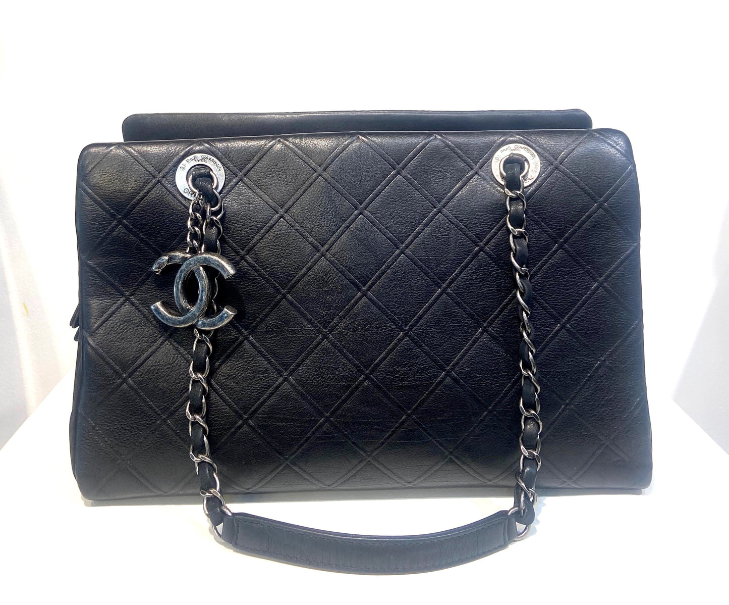 CHANEL CC DIAMOND QUILTED CALFSKIN LEATHER SHOPPER TOTE BAG