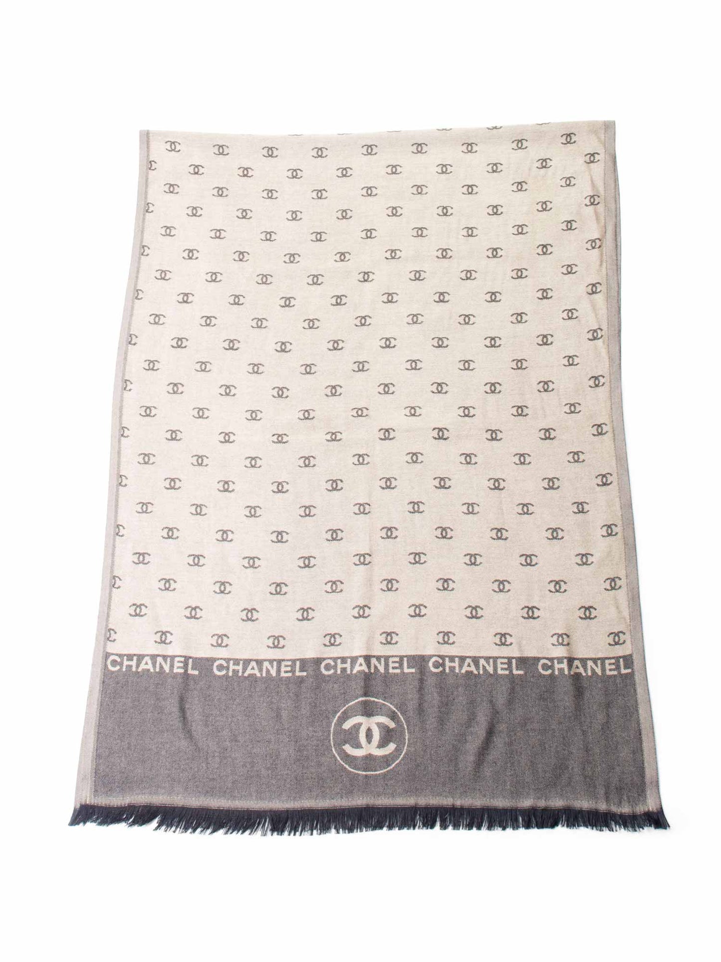 Chanel Cashmere CC Logo Fringe Shawl Brown