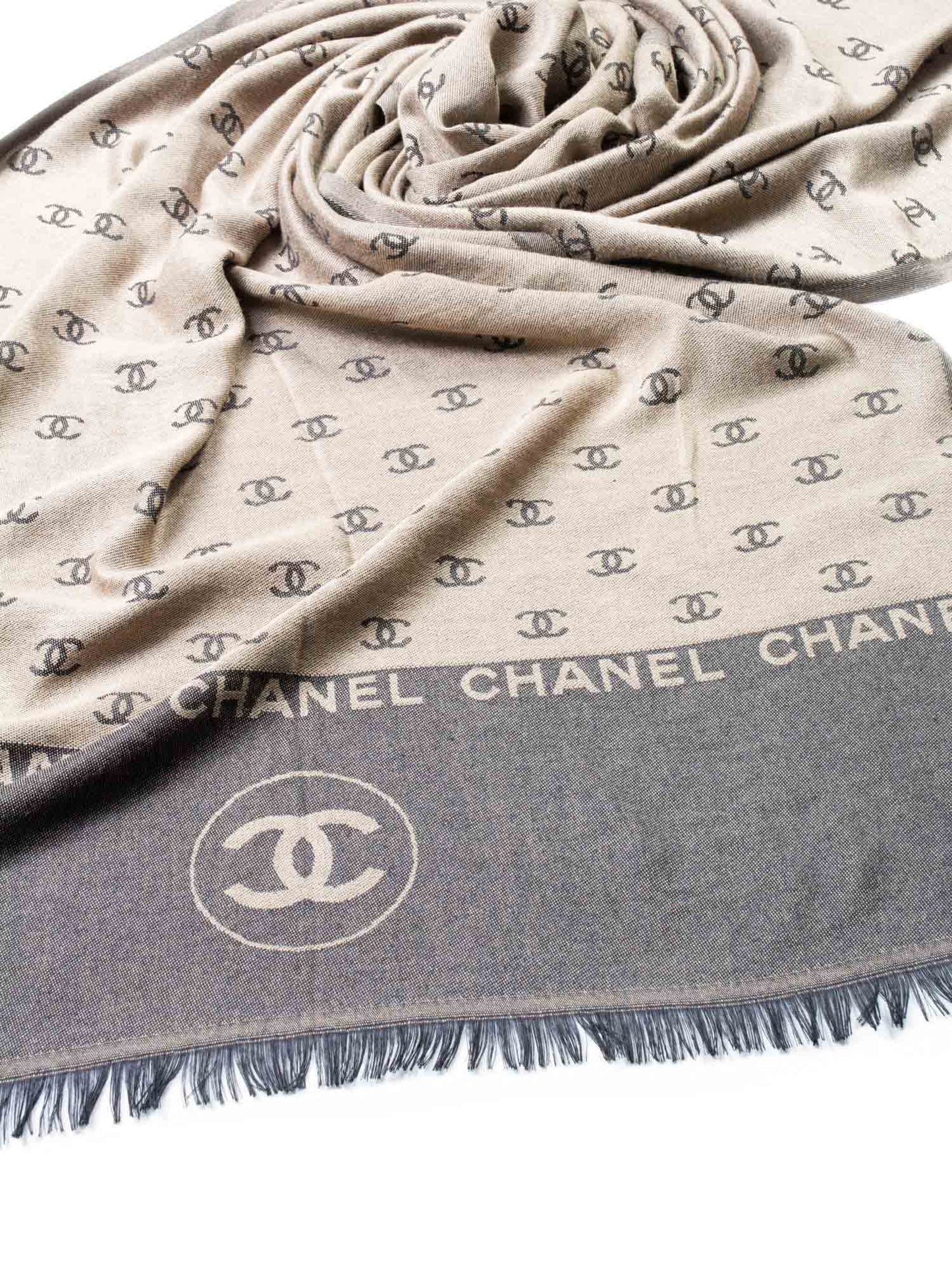 Chanel Cashmere CC Logo Fringe Shawl Brown