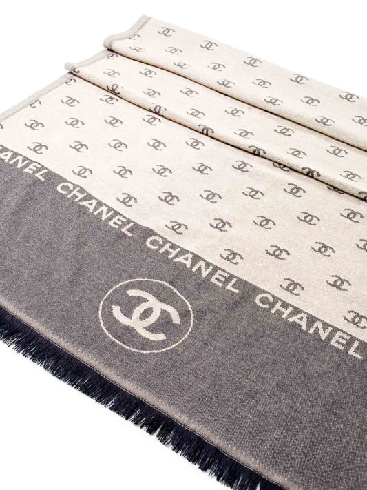 Chanel Cashmere CC Logo Fringe Shawl Brown