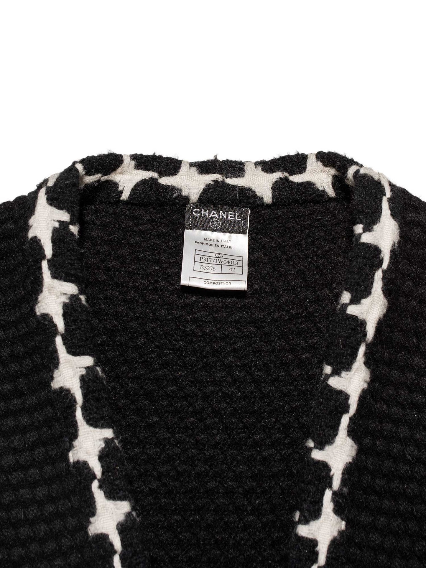 Chanel Cashmere Knit Fringe Cardigan Black White