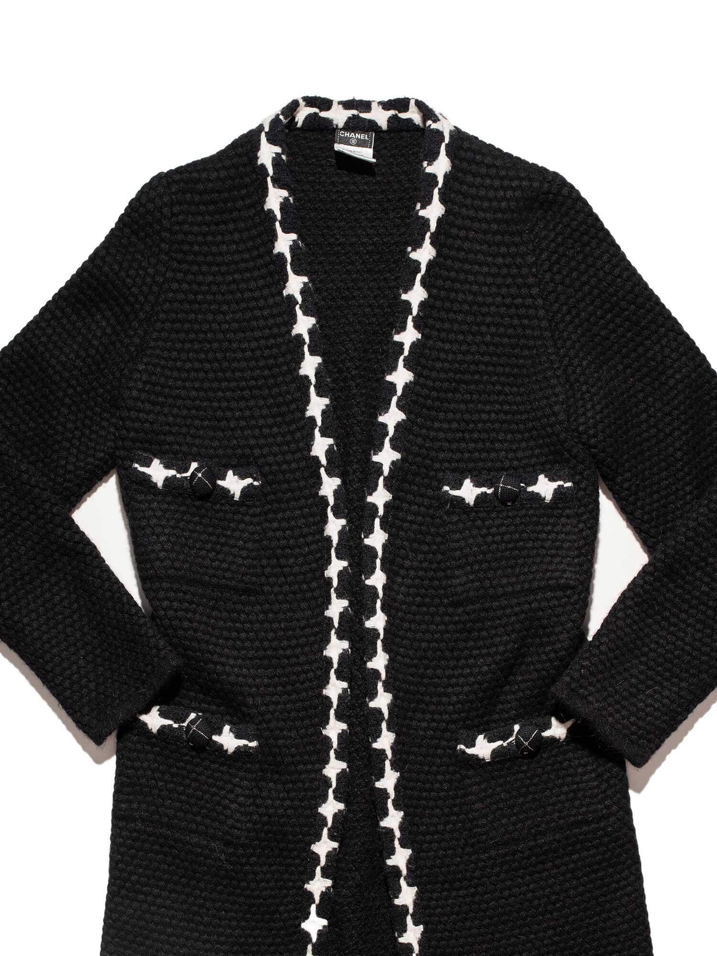 Chanel Cashmere Knit Fringe Cardigan Black White