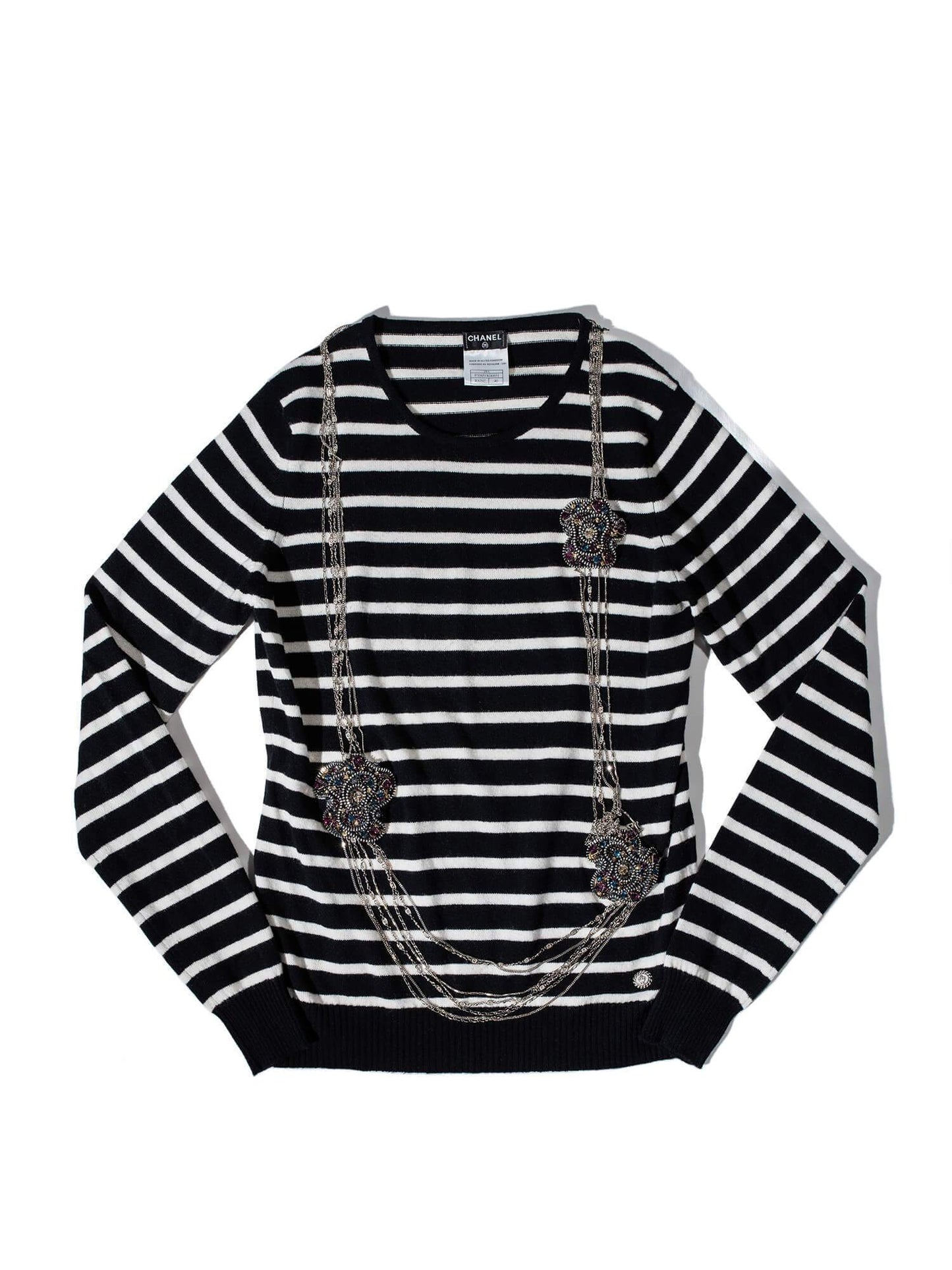 Chanel Cashmere Long Chain Necklace Striped Sweater Black White
