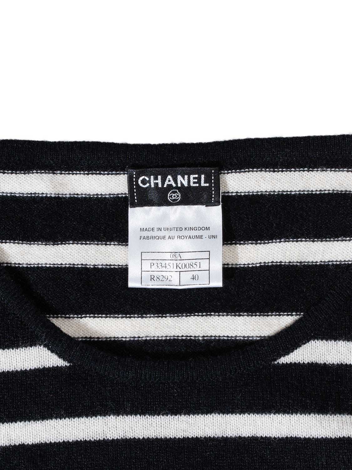 Chanel Cashmere Long Chain Necklace Striped Sweater Black White