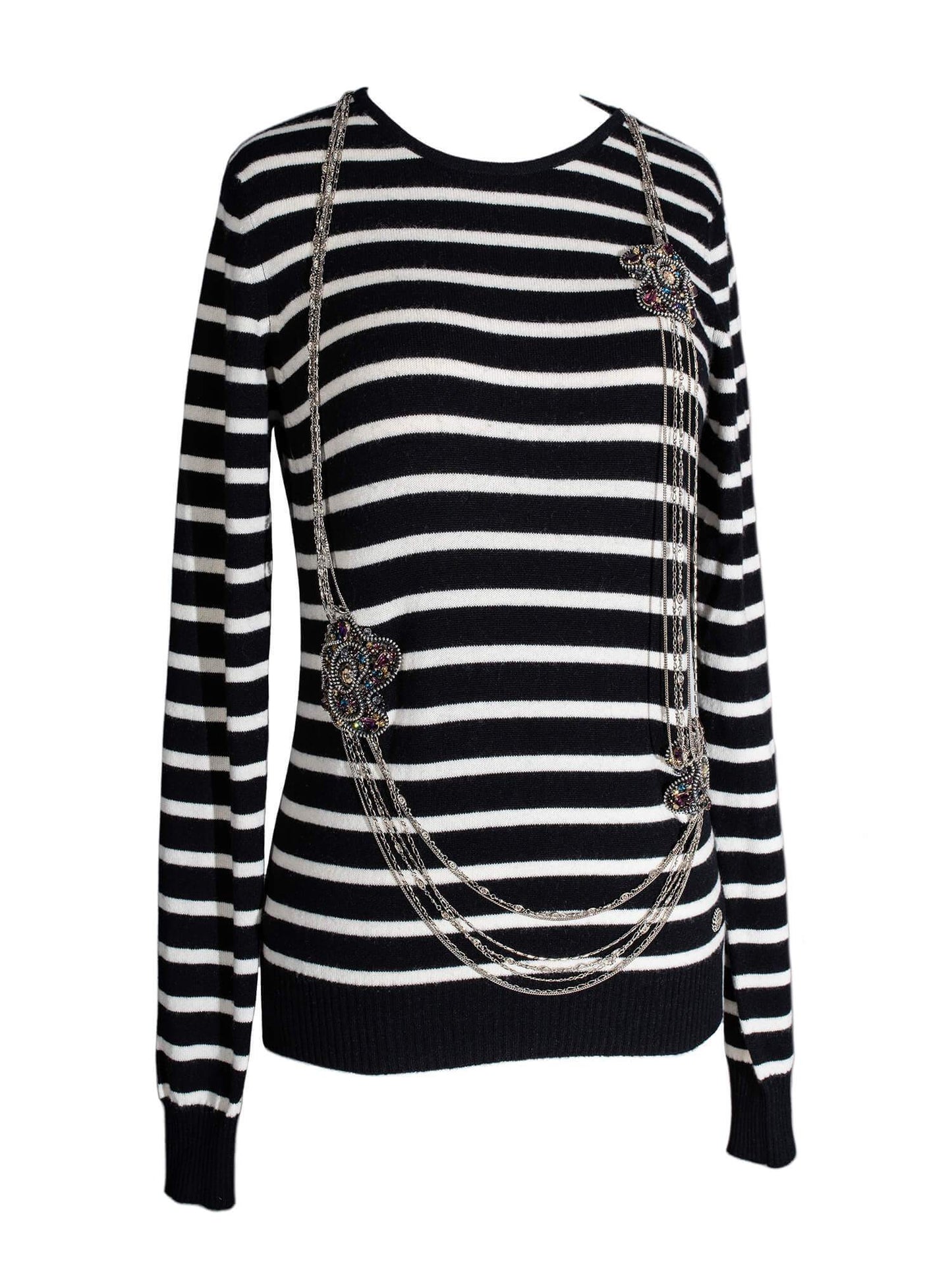 Chanel Cashmere Long Chain Necklace Striped Sweater Black White