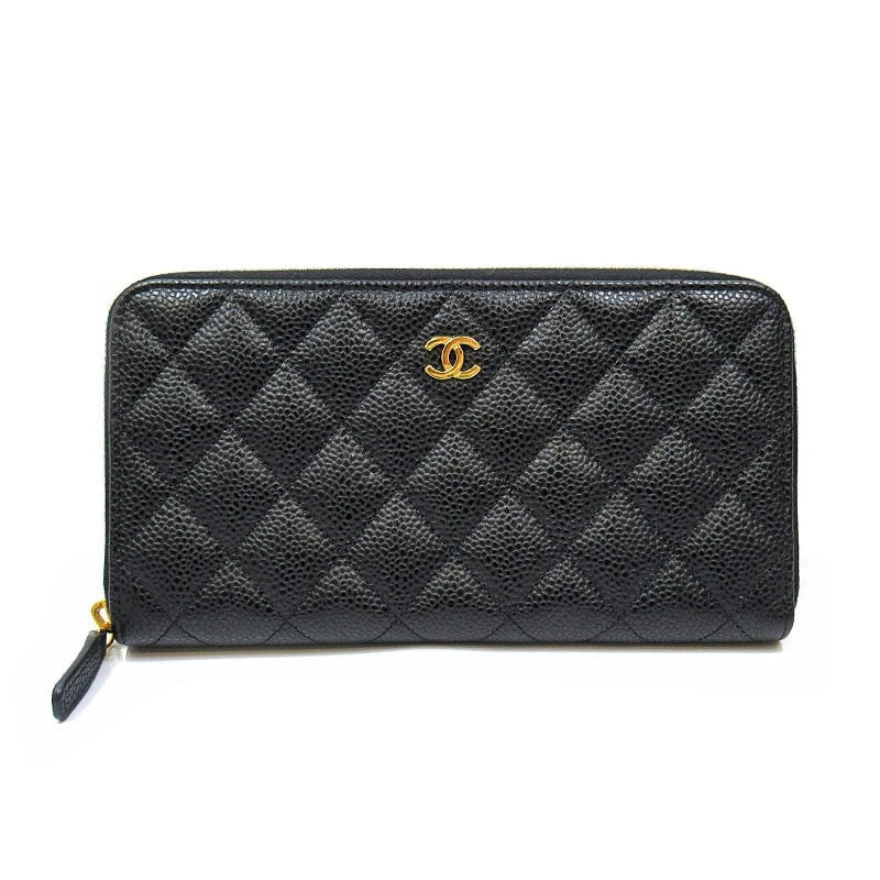 CHANEL QUILTED CAVIAR LARGE GUSSET ZIP AROUND WALLET