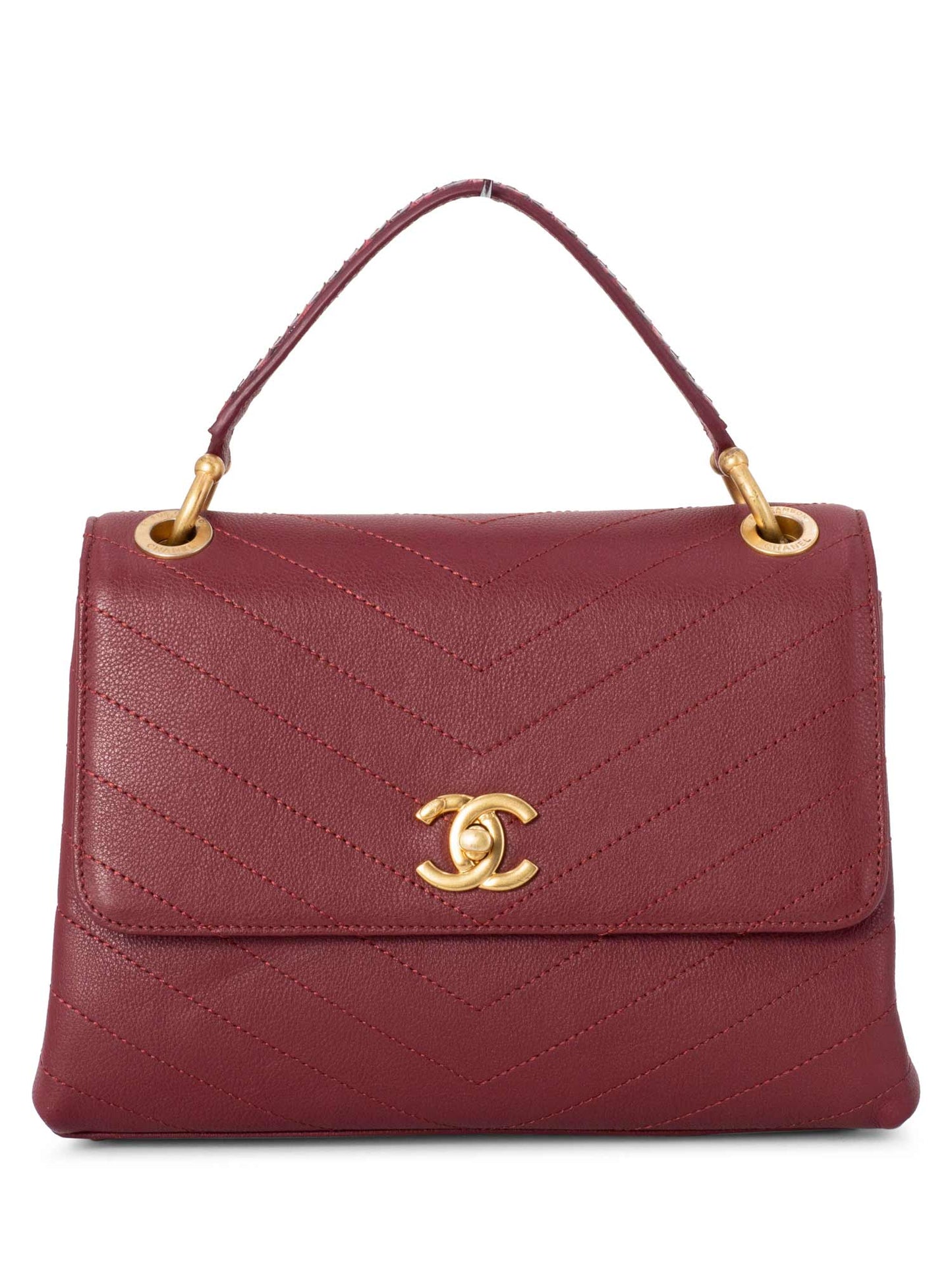 Chanel Chevron Caviar Leather Top Handle Flap Bag Burgundy