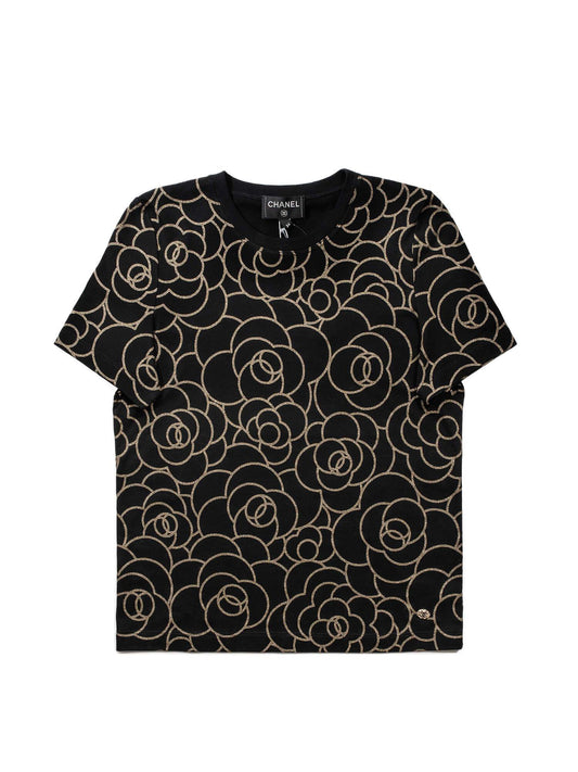 Chanel Cotton CC Logo Camellia Tee Shirt Gold Black