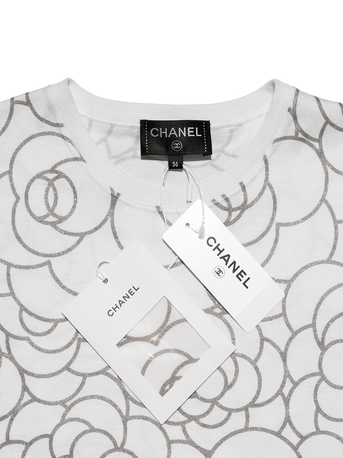 Chanel Cotton CC Logo Camellia Tee Shirt Silver White