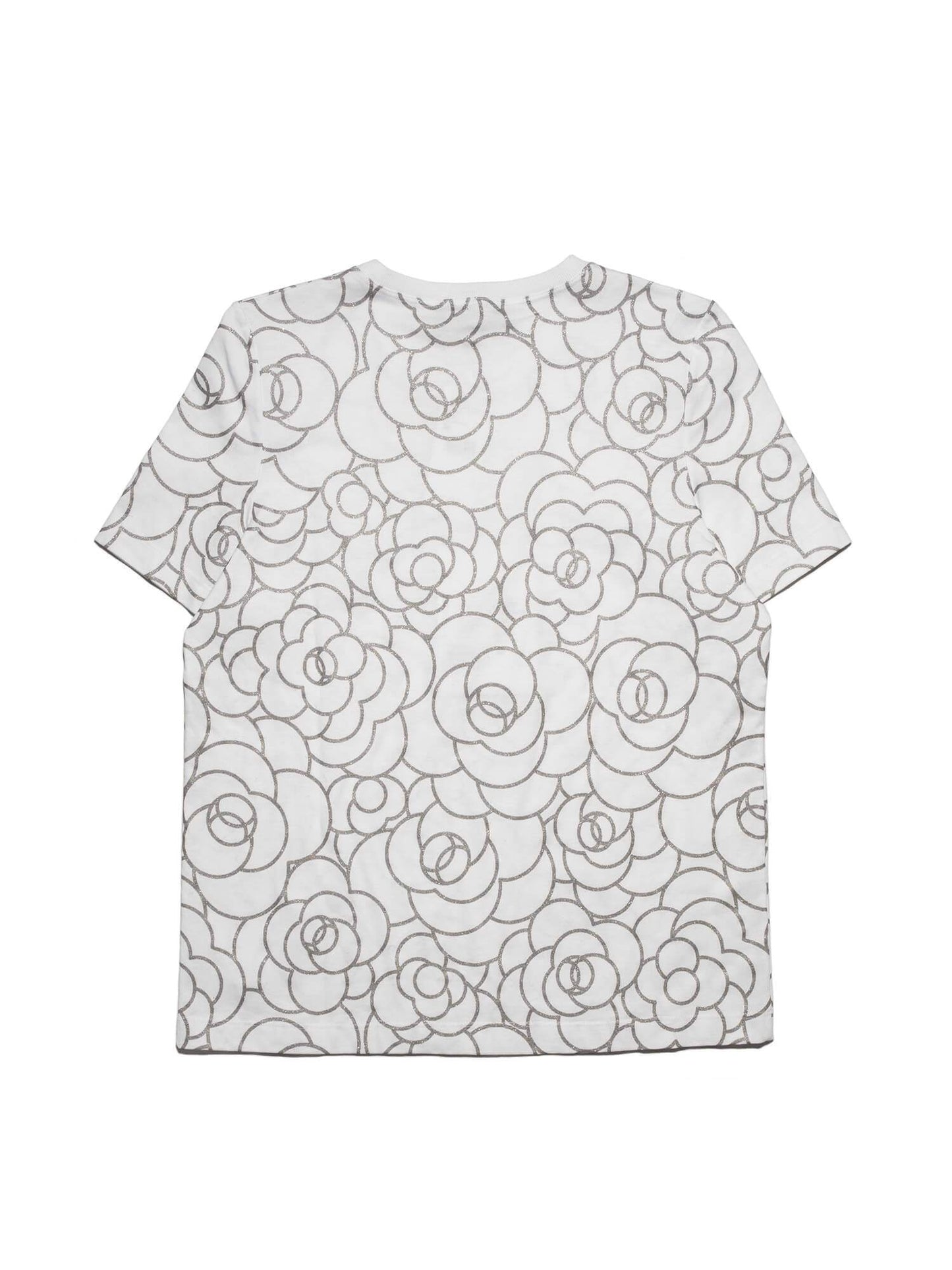 Chanel Cotton CC Logo Camellia Tee Shirt Silver White