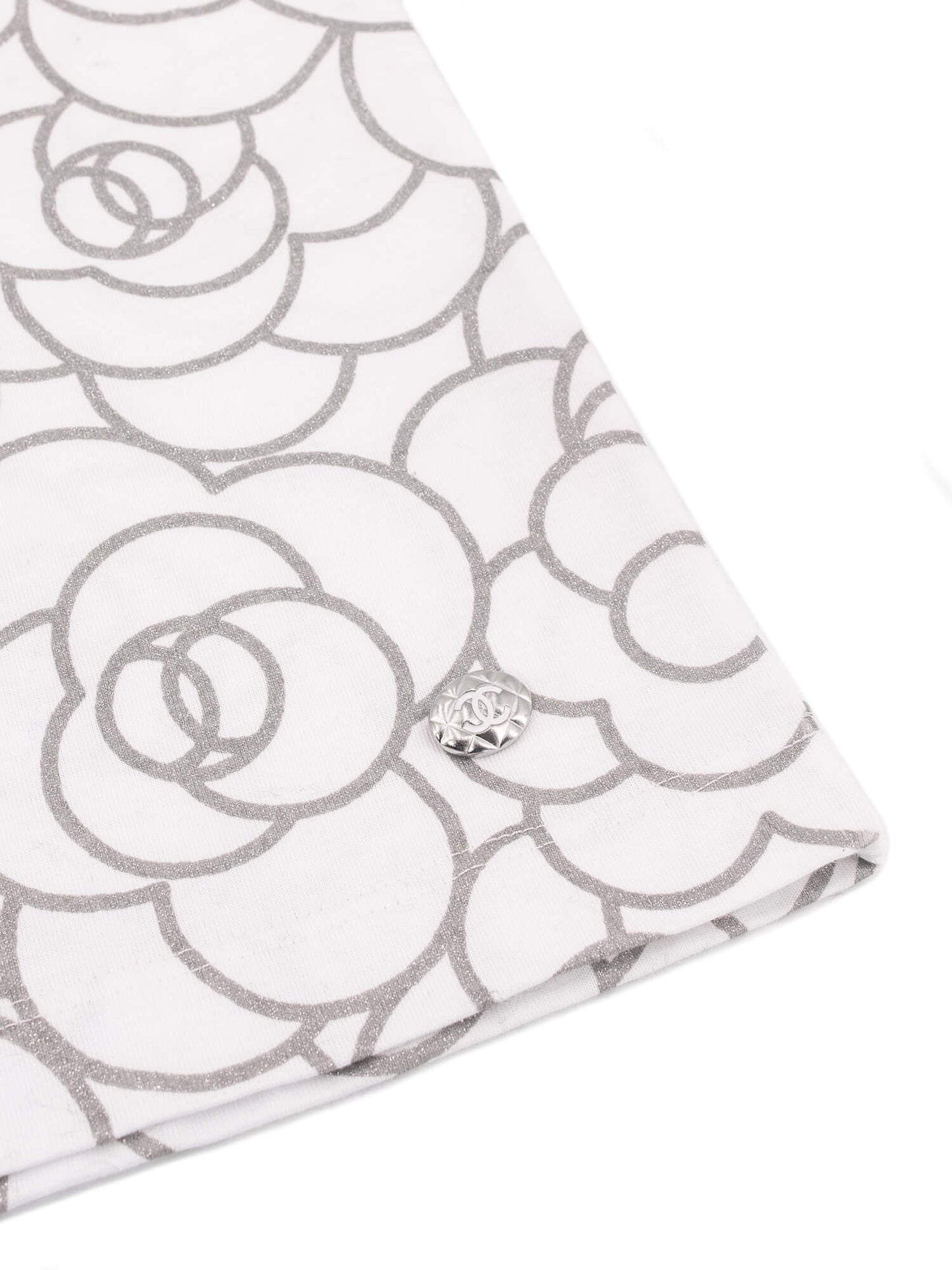 Chanel Cotton CC Logo Camellia Tee Shirt Silver White