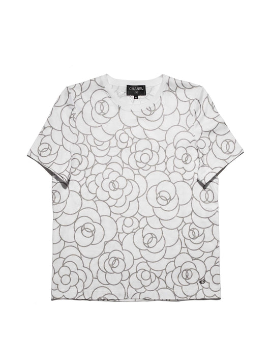Chanel Cotton CC Logo Camellia Tee Shirt Silver White